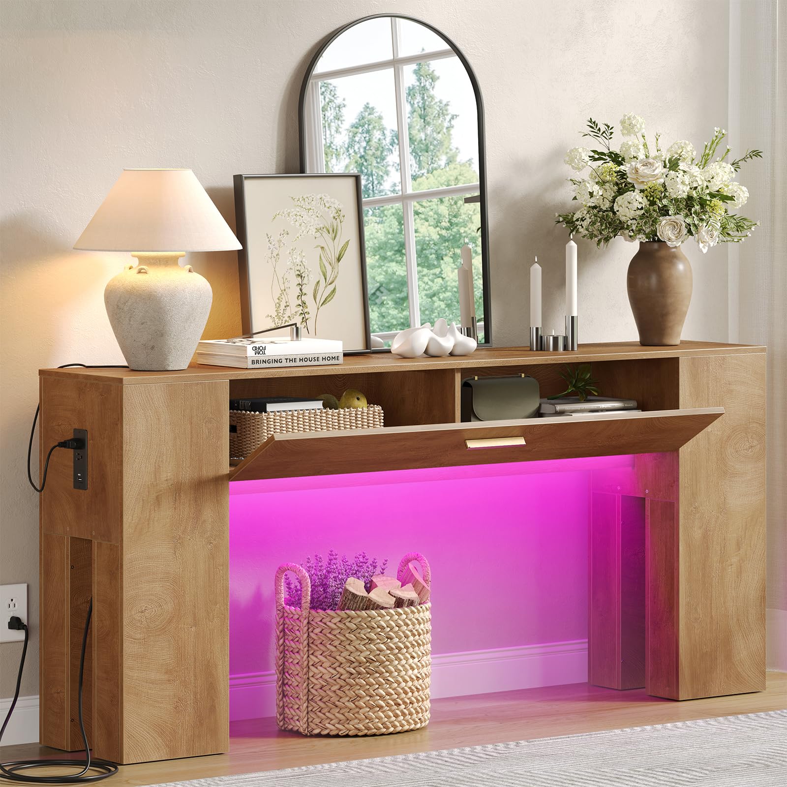 GOLDDAY 63 inch Console Tables with Charging Station and LED Light, Farmhouse Wooden Sofa Table with Drawer, Entryway Table with Wooden Bases, Behind The Couch Table for Hallway, Living Room, Brown