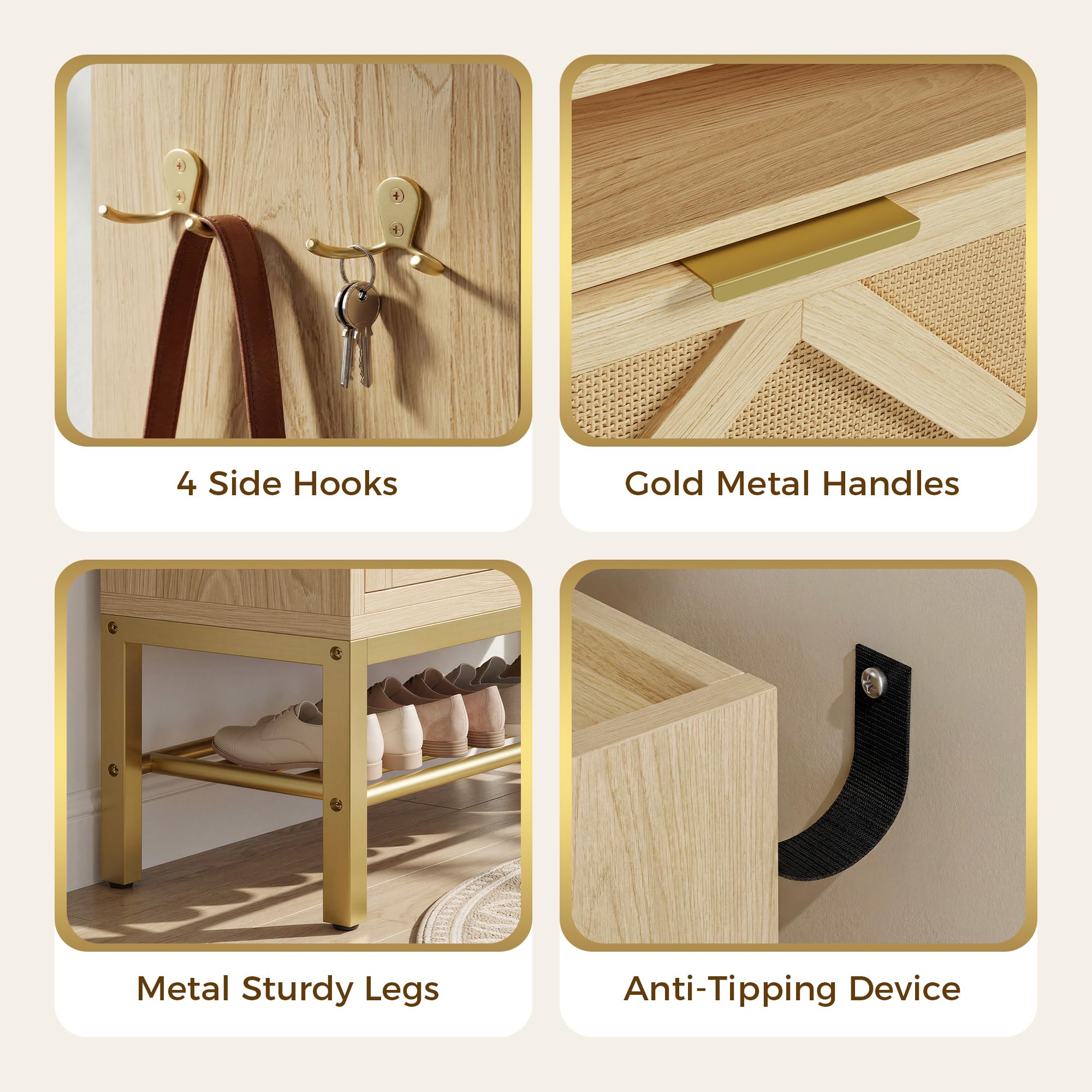 Rattan Shoe Cabinet with Flip Drawers & Side Hooks