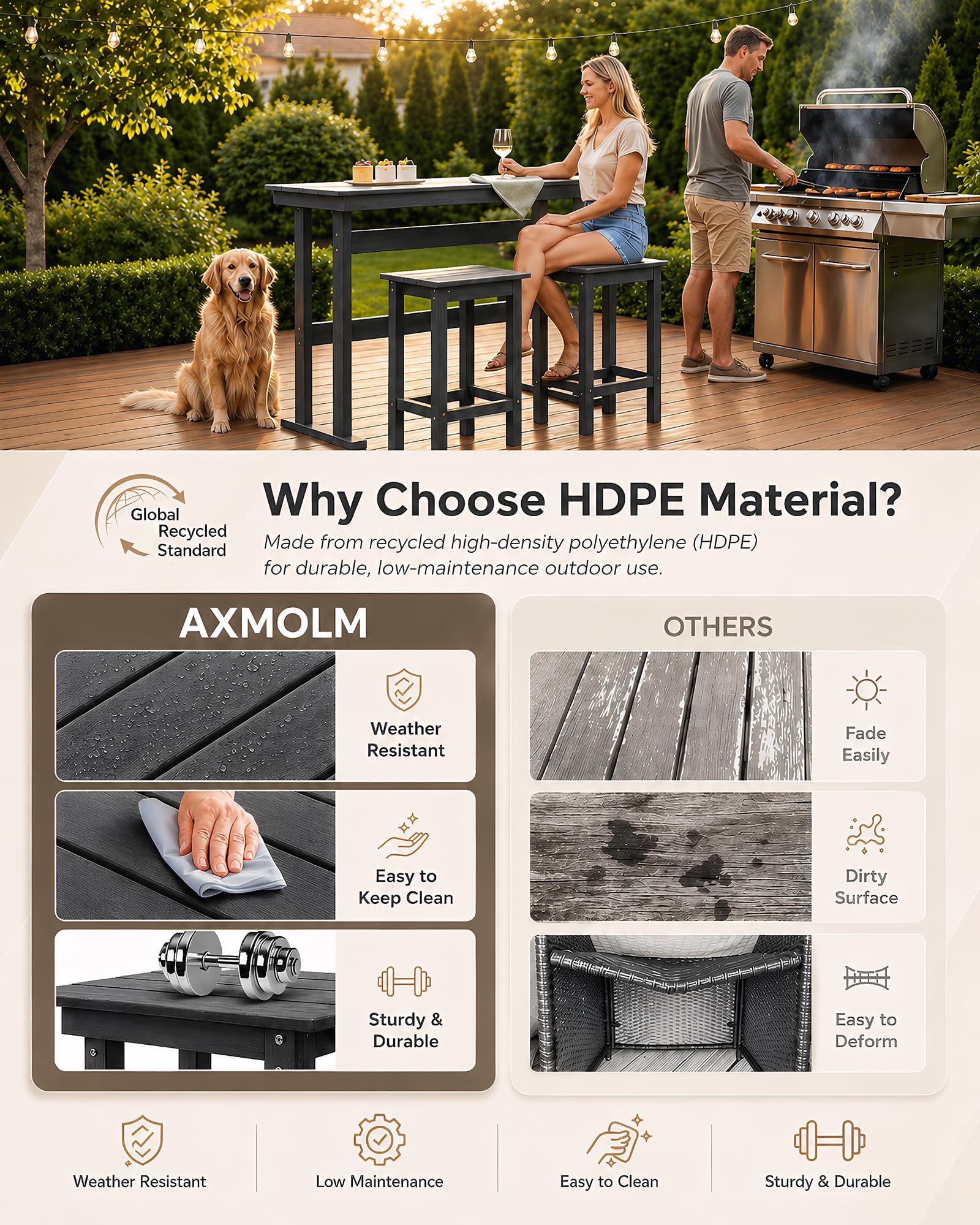 3-Piece Outdoor HDPE Bar Table & Stool Set