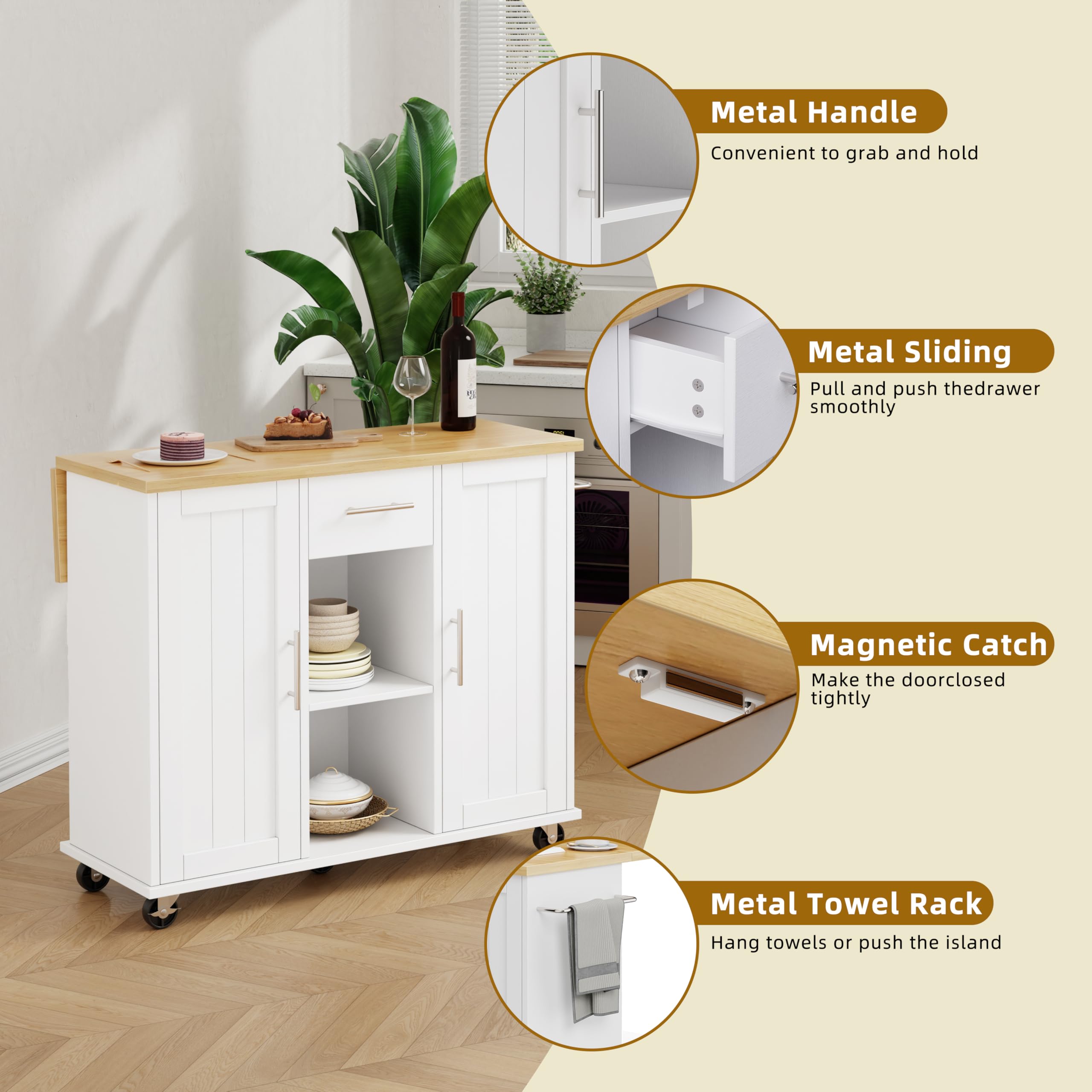 SUNLEI Island Table for Kitchen with Storage, Portable Kitchen Island Cart with Drop Leaf, Rolling Kitchen Island Table with Drawer, Cabinet & Towel Rack, Farmhouse Kitchen Island, White