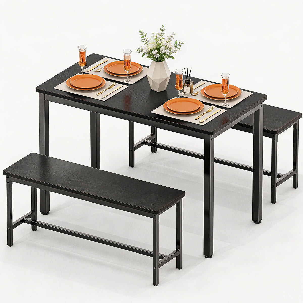 Minicloss Dining Table Set for 4, 3 Piece Dining Room Table Set for Space-Saving, Modern Kitchen Table with 2 Benchs for Apartment Breakfast Nook and Samll Space, Black