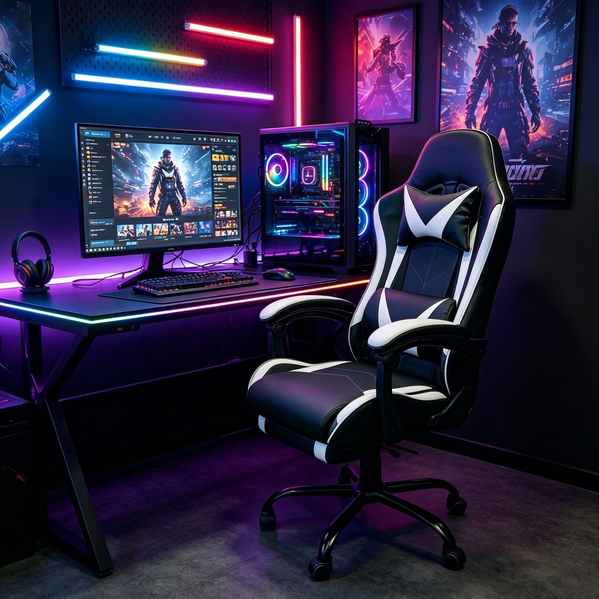 Frovlni Gaming Chair, Ergonomic Computer Chair with Footrest and Lumbar Support, Height Adjustable Video Game Chair with 360° Swivel Seat and Headrest for Office, Home, Streaming and Gaming (White)