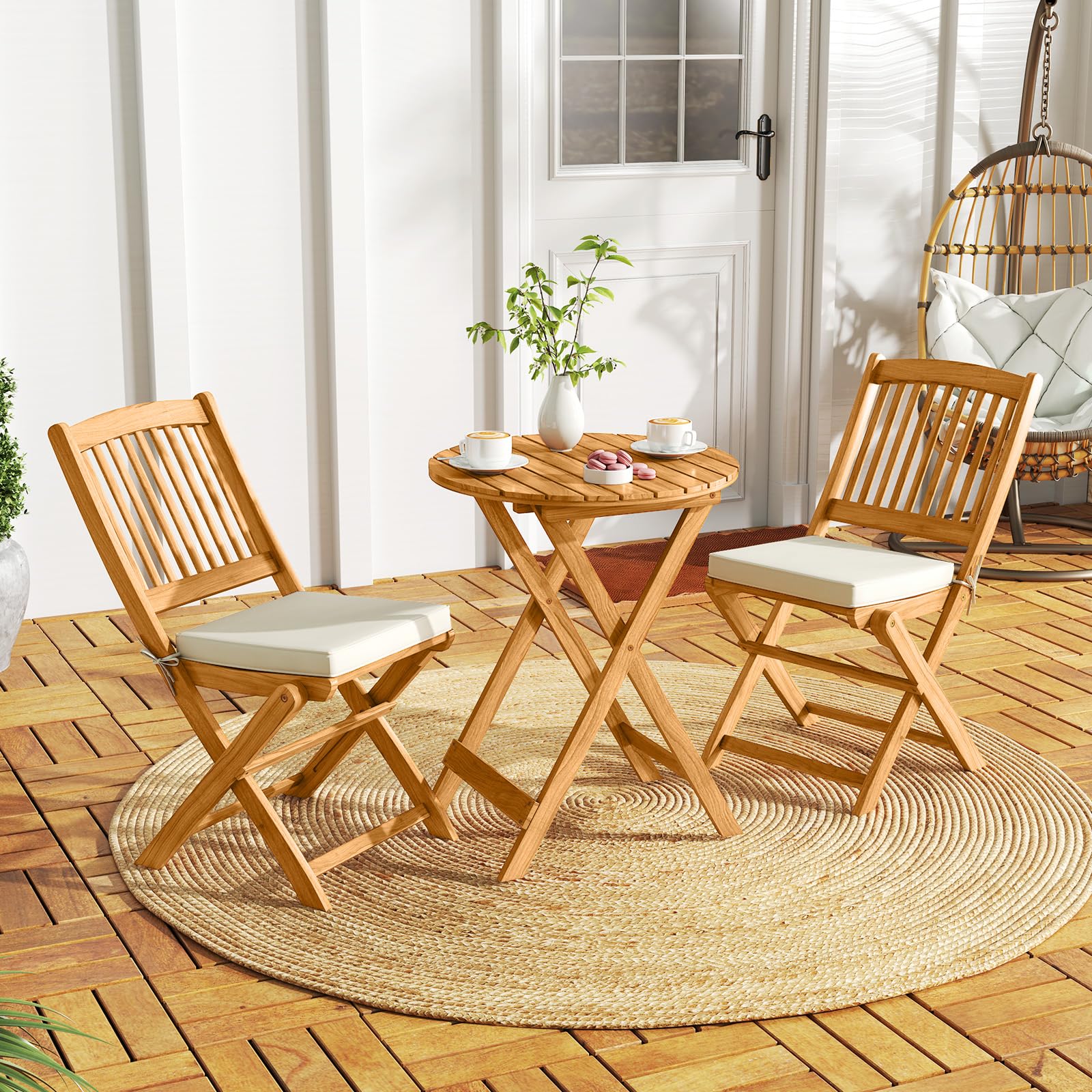 3-Piece Acacia Wood Folding Patio Bistro Set with Cushions