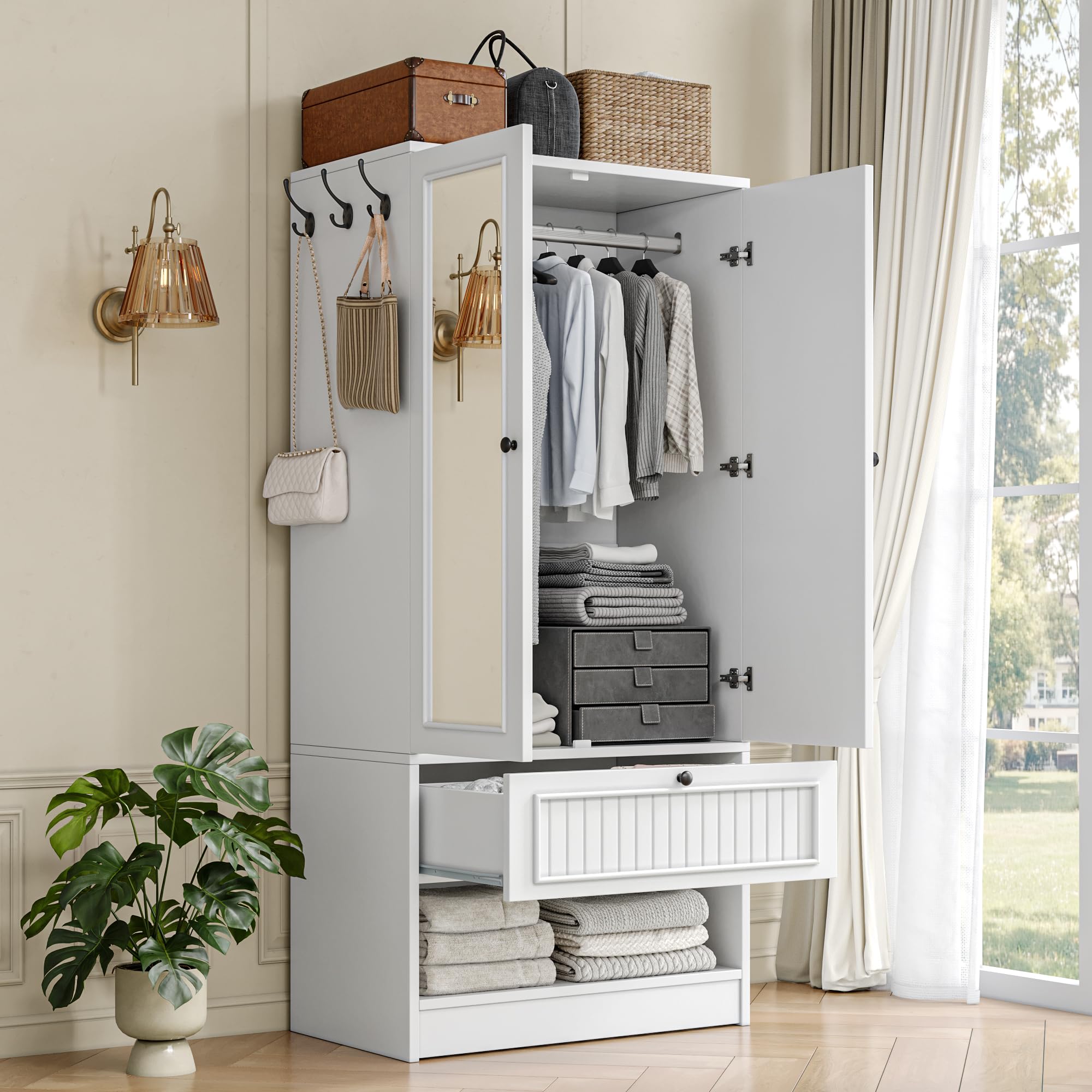 Einhomn 70" Armoire Wardrobe Closet with Doors & Mirror,Wooden Wardrobe with Drawers and 3 Side Hooks,Large Freestanding Bedroom Storage Wardrobe Cabinet,White