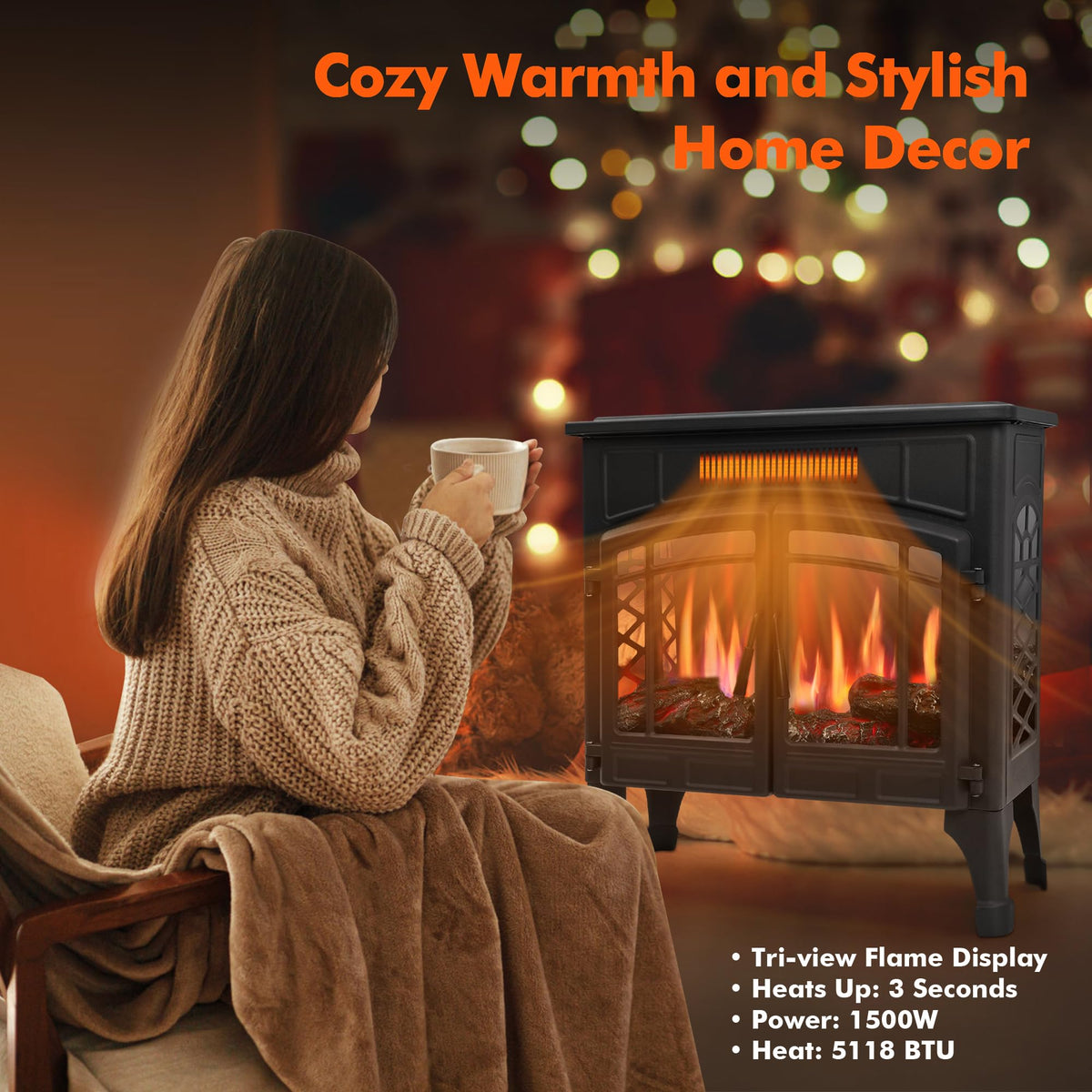 RealSmart Electric Fireplace Heater, 25“ Freestanding Stove Heater with 3D Realistic Flame Effect, Fireplace Stove Overheat Safety Protection for Indoor Use Bedroom,750W 1500W Retro Black