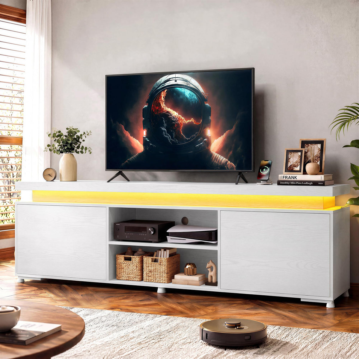 IRONCK TV Stand for 75 Inch TV, Entertainment Center with Storage, White