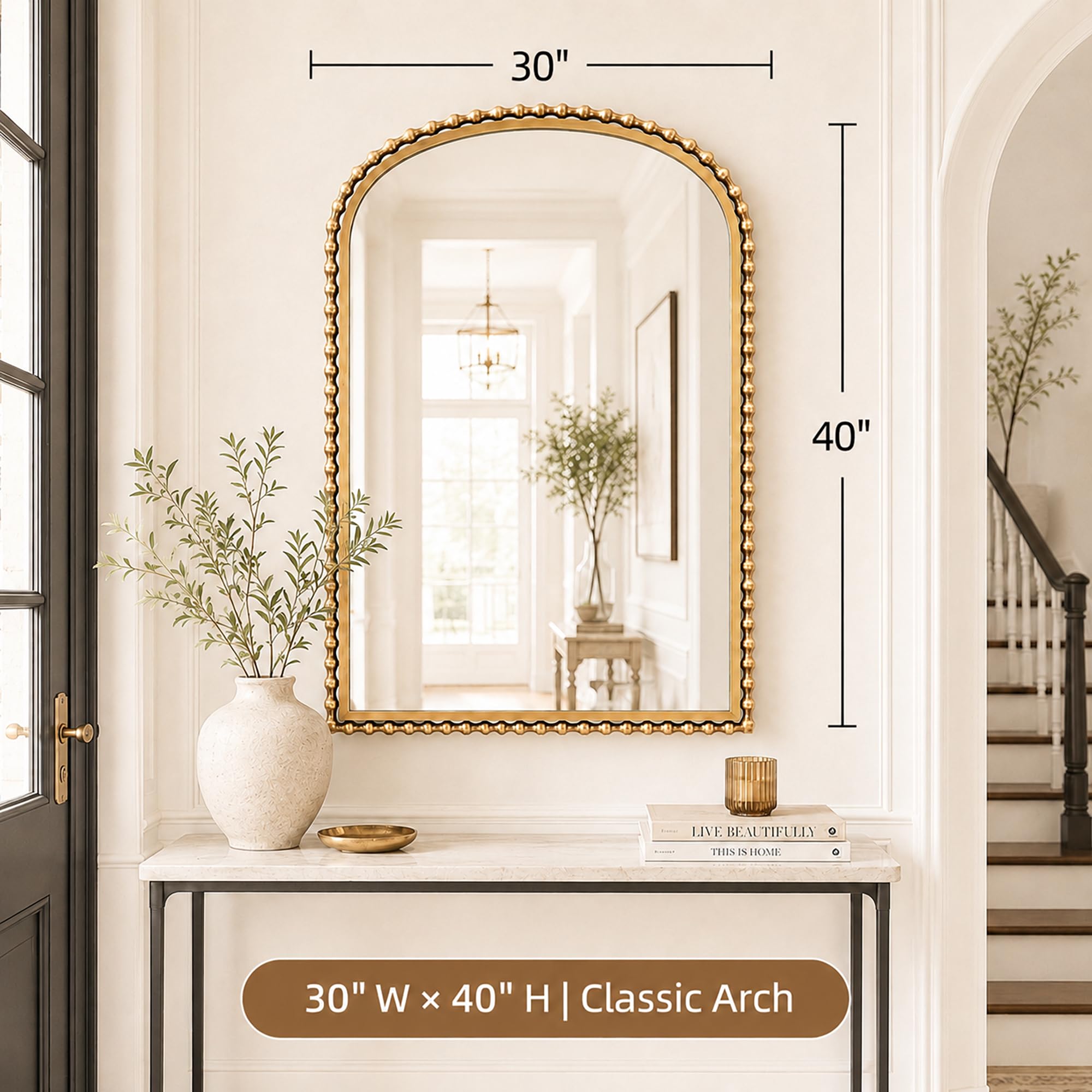 CAVINHOME 30x40 Inch Arched Wall Mirror, Antique Gold Beaded Metal Frame, Large Vertical Wall Mirror for Entryway, Bedroom or Hallway, Decorative Wall Mounted Mirror