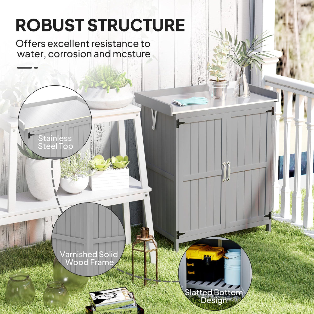 Outsunny Outdoor Storage Cabinet with Metal Tabletop Shelf Gray