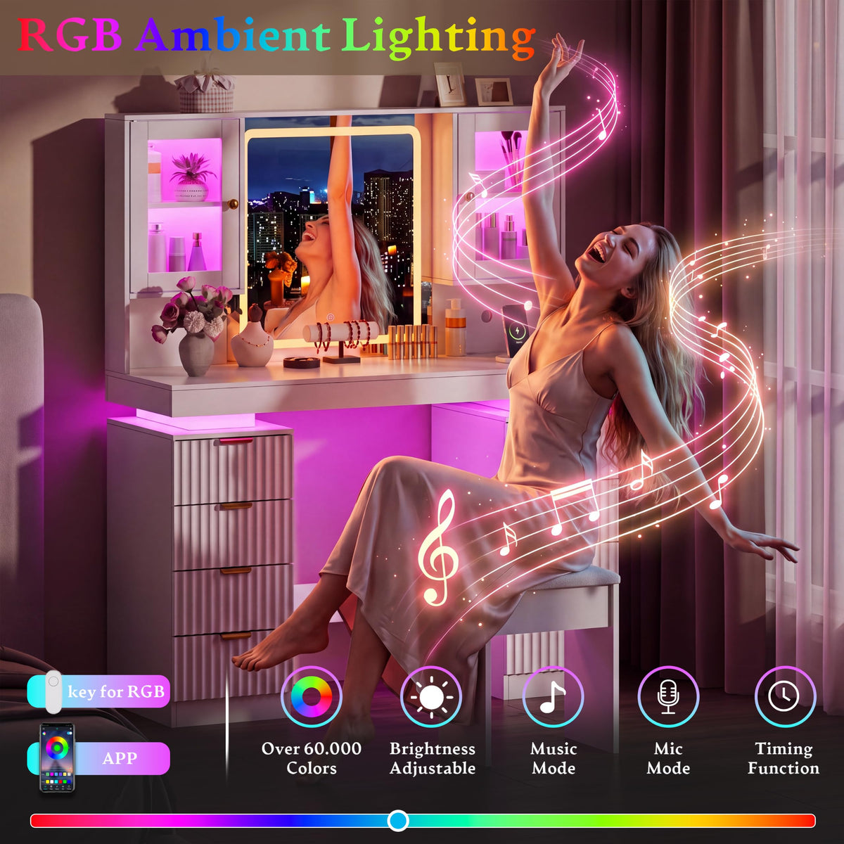 BOXACTION 45" Floating Vanity Desk with RGB Lighting & Led Mirror, White