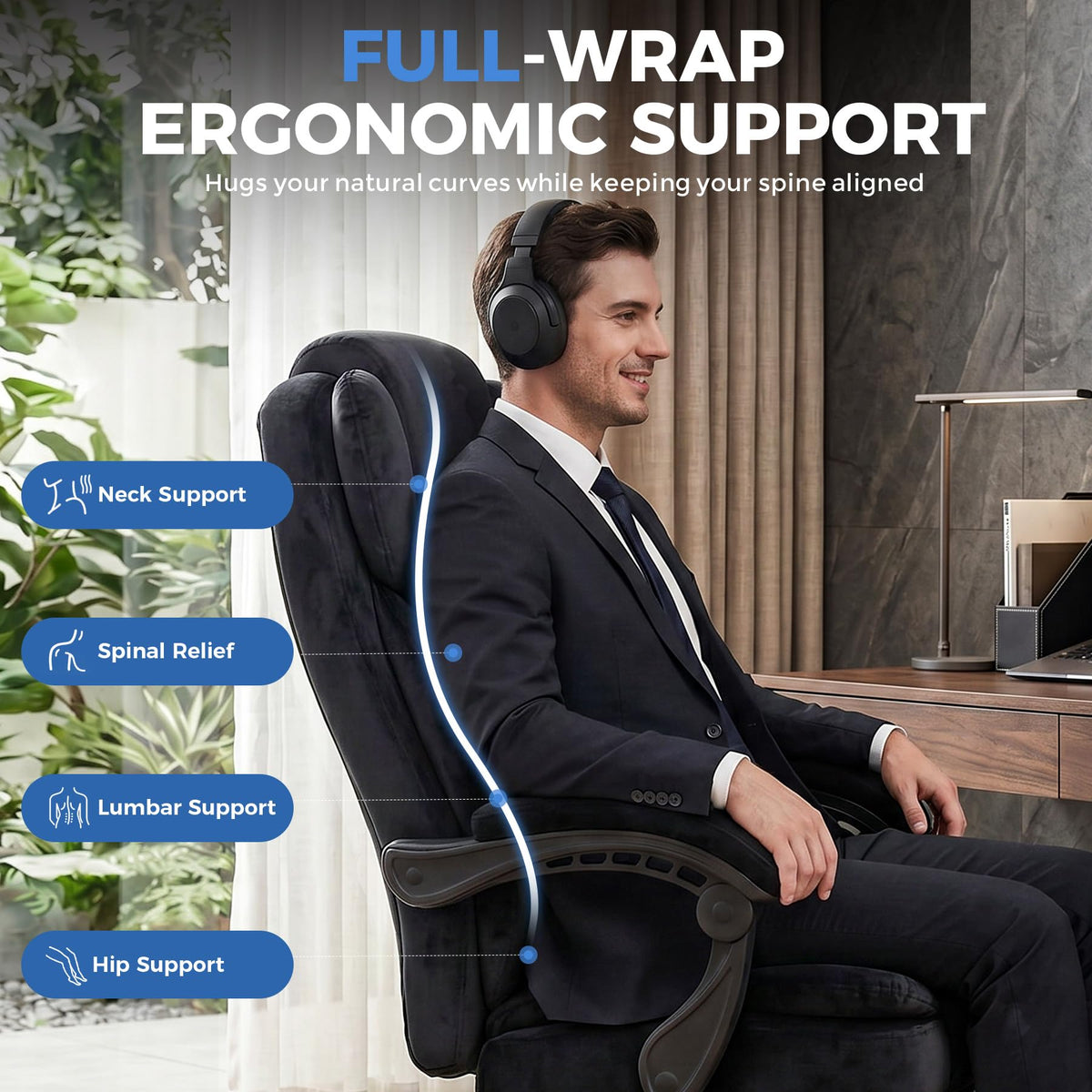 GTPLAYER Big and Tall Office Chair with Pocket Spring Cushion & Ergonomic Lumbar Support for Lower Back Pain Relief, High Back Computer Gaming Chair with Foot Rest, Soft Velvet Fabric, Deep Black