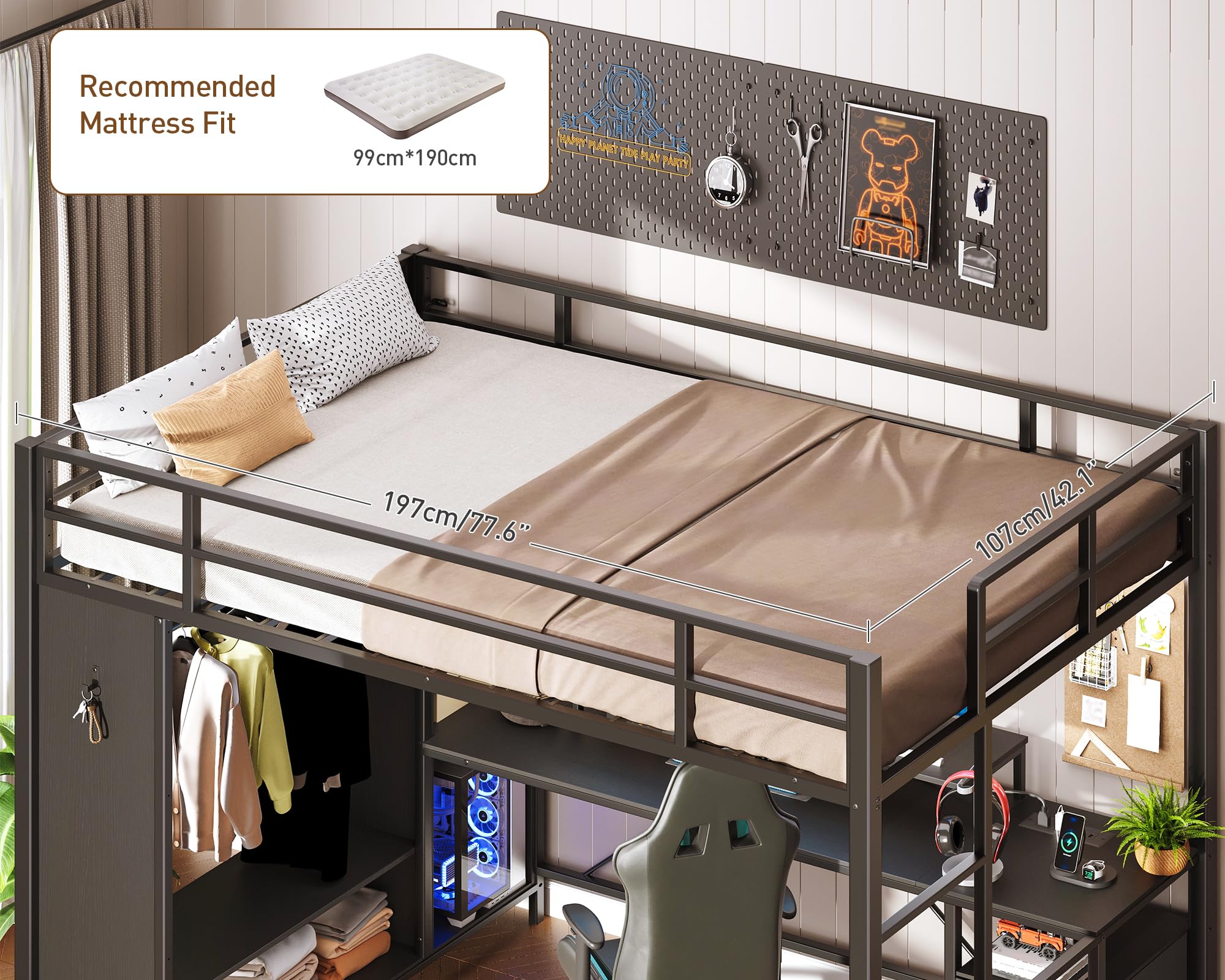 Twin Size Loft Bed with Desk & Charging Station