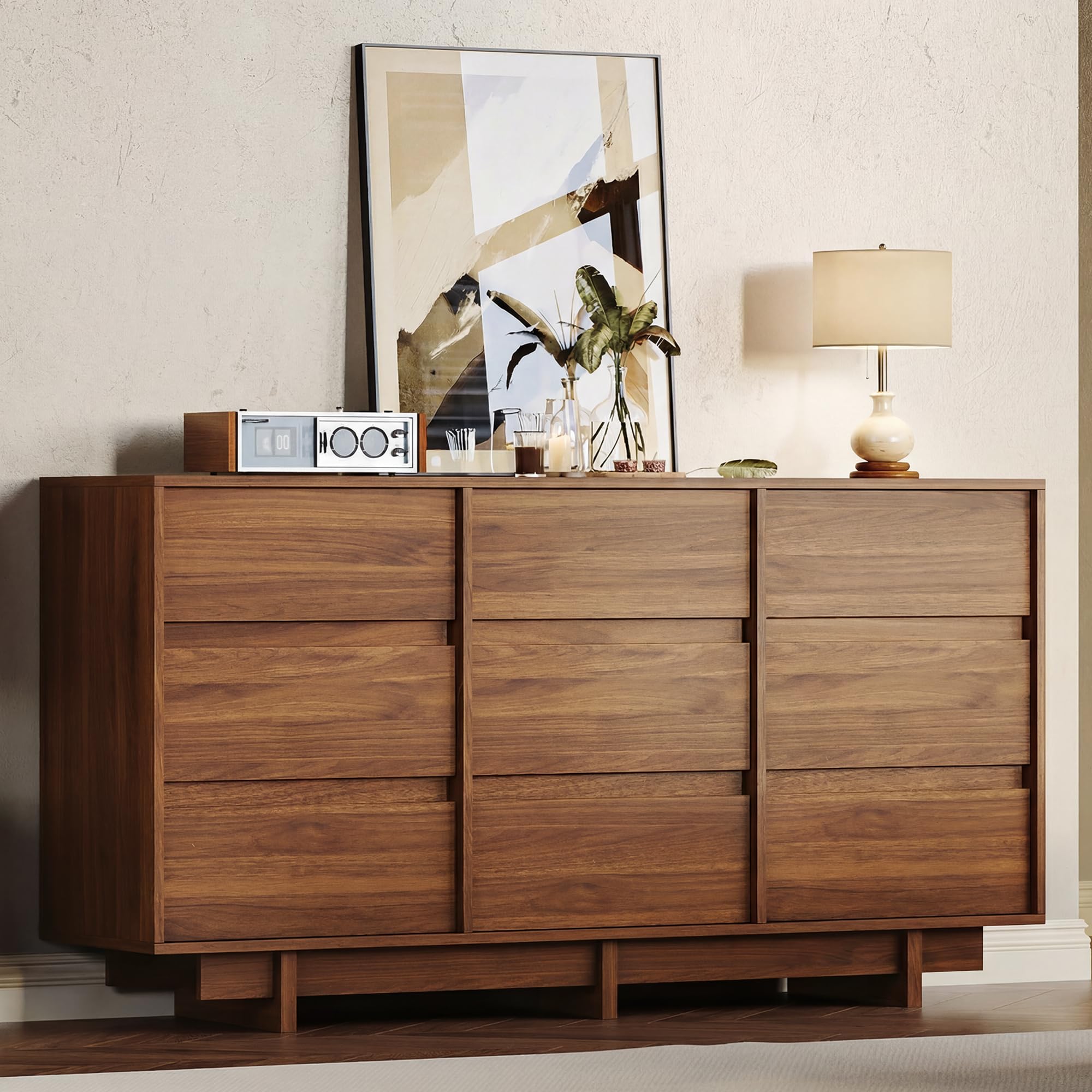 HOUROM Walnut Dresser for Bedroom with 9 Drawers,59" Wide Modern Dressers Chest of Drawers,Sturdy Base,Minimalist Linear Design,Wooden Closet Clothes Organizer for Bedroom,Hallway