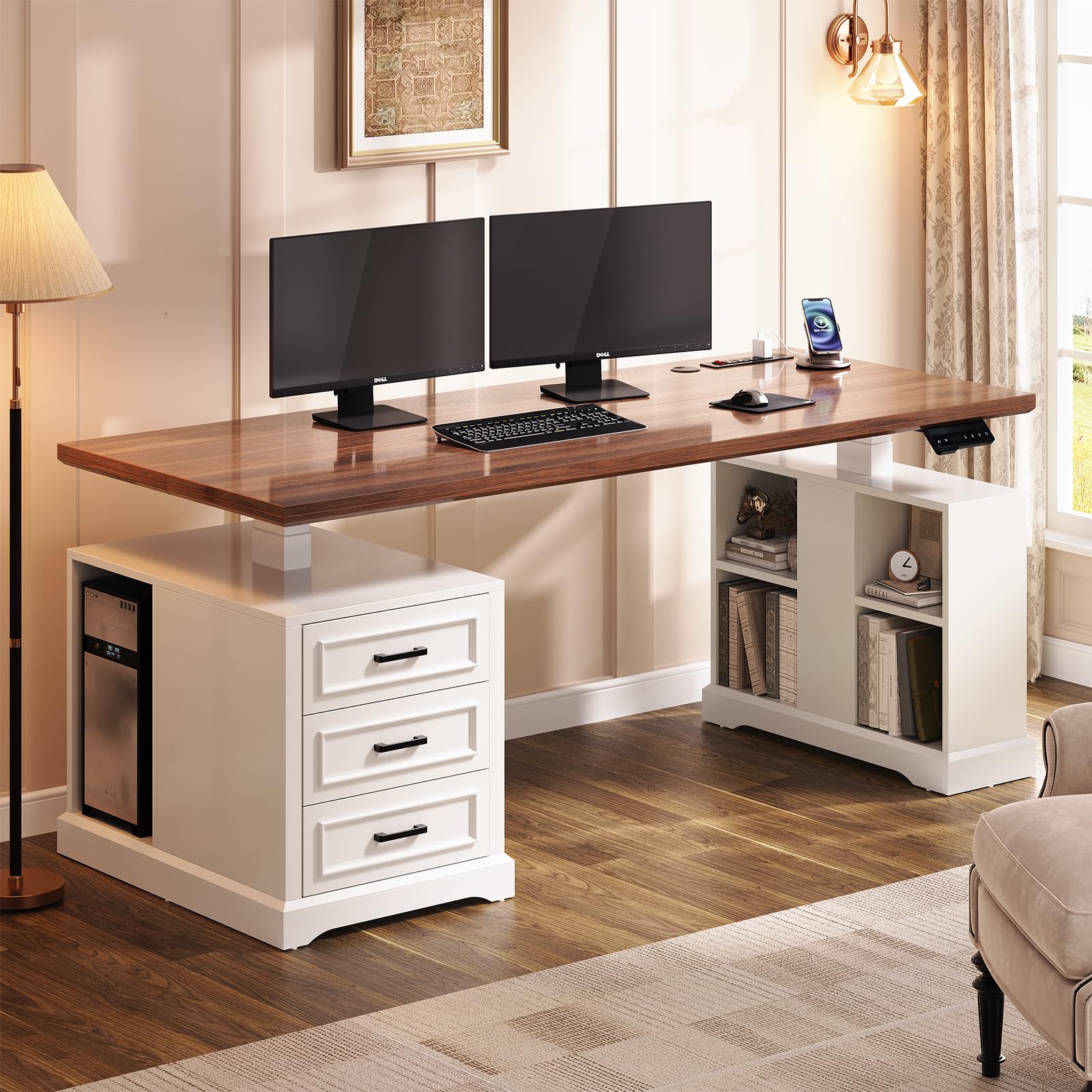 Electric Standing Desk with Drawers, Storage & Power Outlets – 63"
