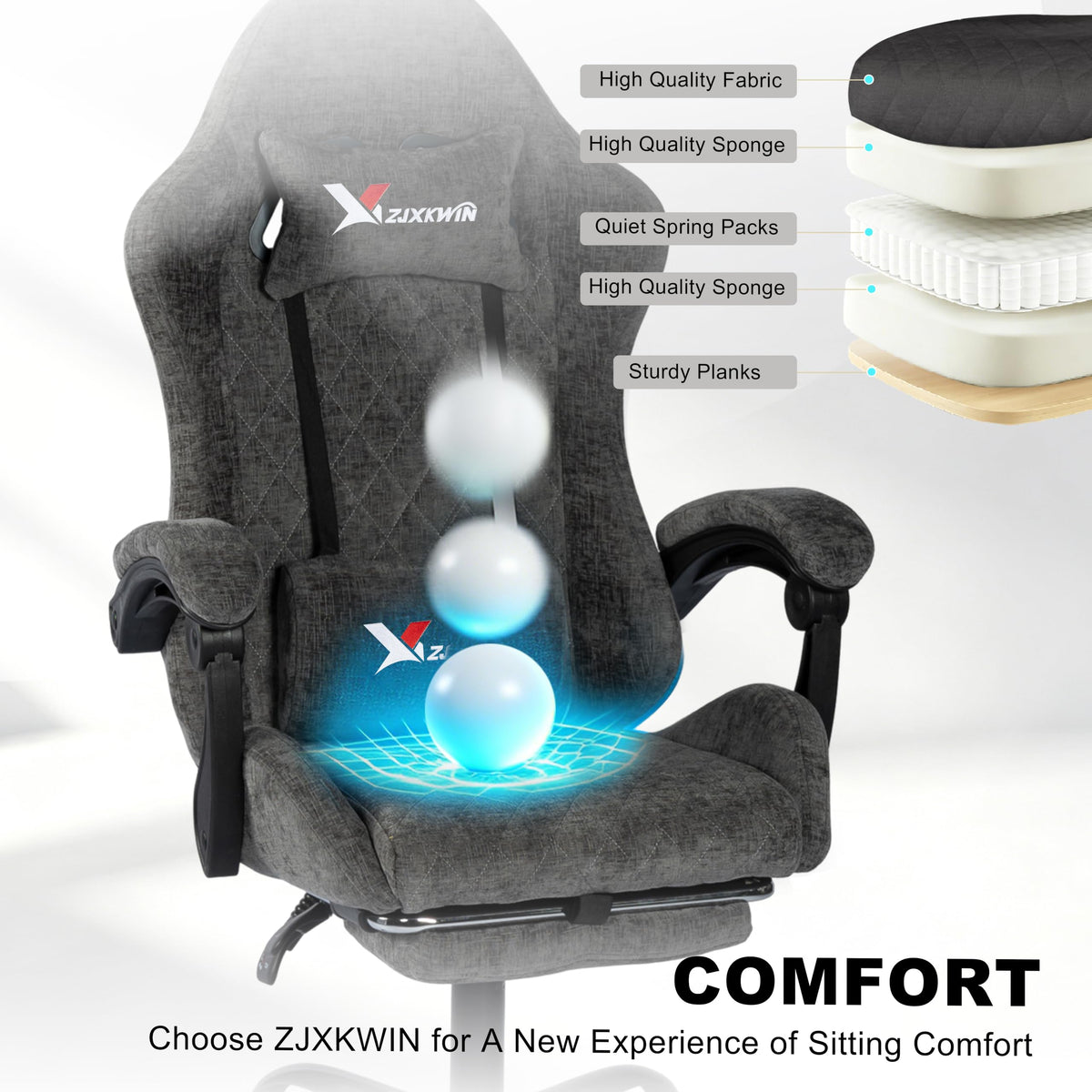 Grey Fabric Gaming Chair with Footrest
