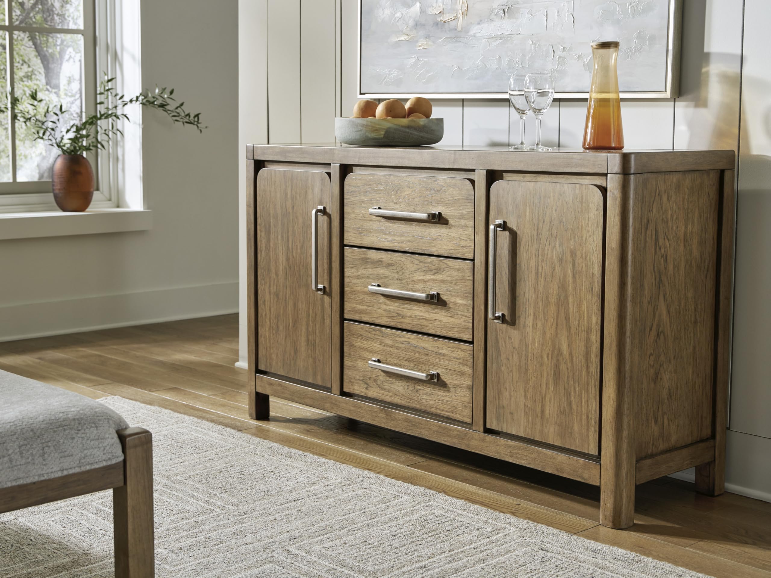 Signature Design by Ashley Cabalynn Farmhouse Glazed 2-Door Dining Server with Adjustable Shelves and 3 Drawers, Light Brown
