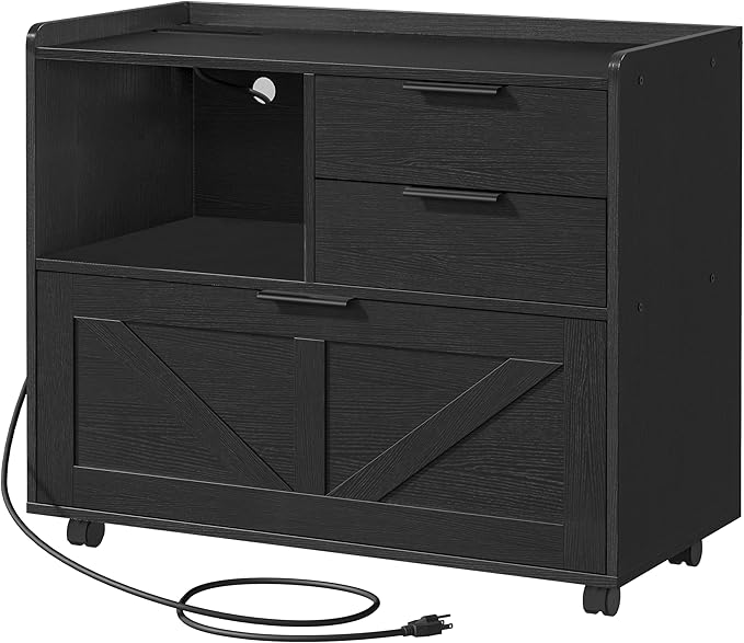 Lateral File Cabinet with Charging Station & Rolling Casters
