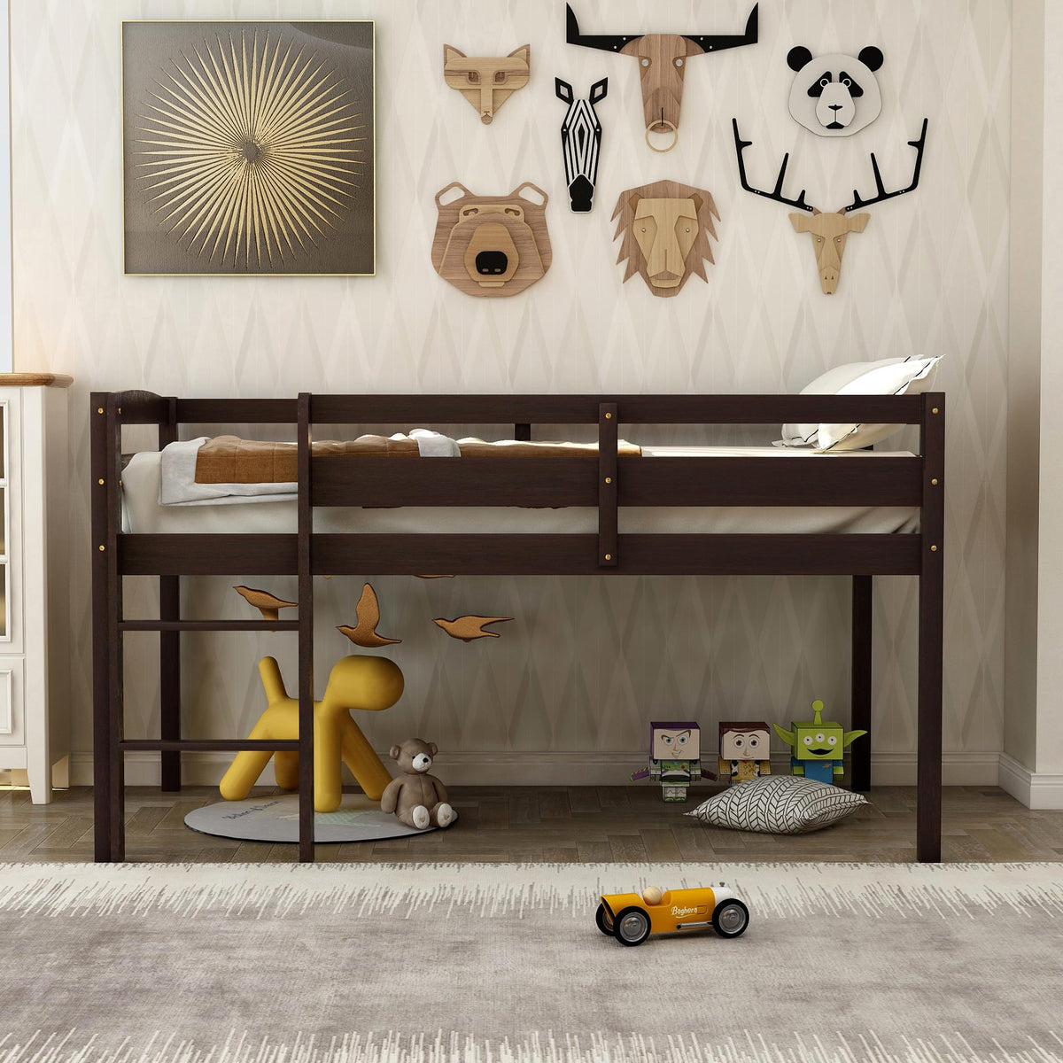 Flieks Low Loft Beds, Twin Wood Loft Bed Low Loft Beds for Kids with Ladder and Guardrails, No Box Spring Required, Easy Assembly，Space Saver (Espresso)