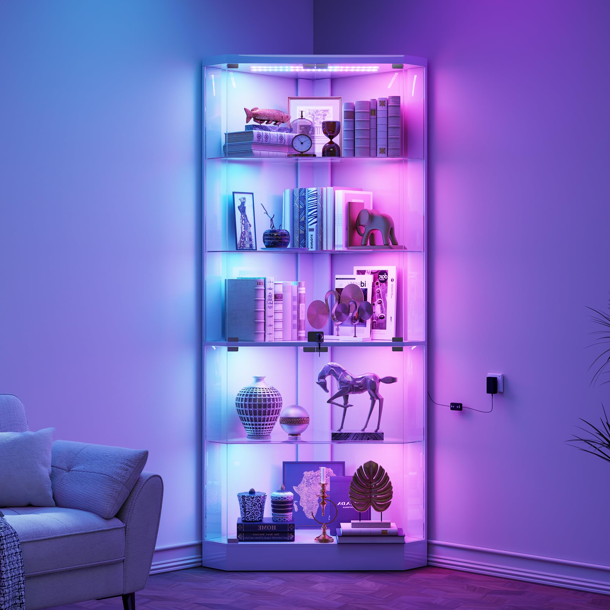 5-Tier Corner Glass Display Cabinet with RGB Lights