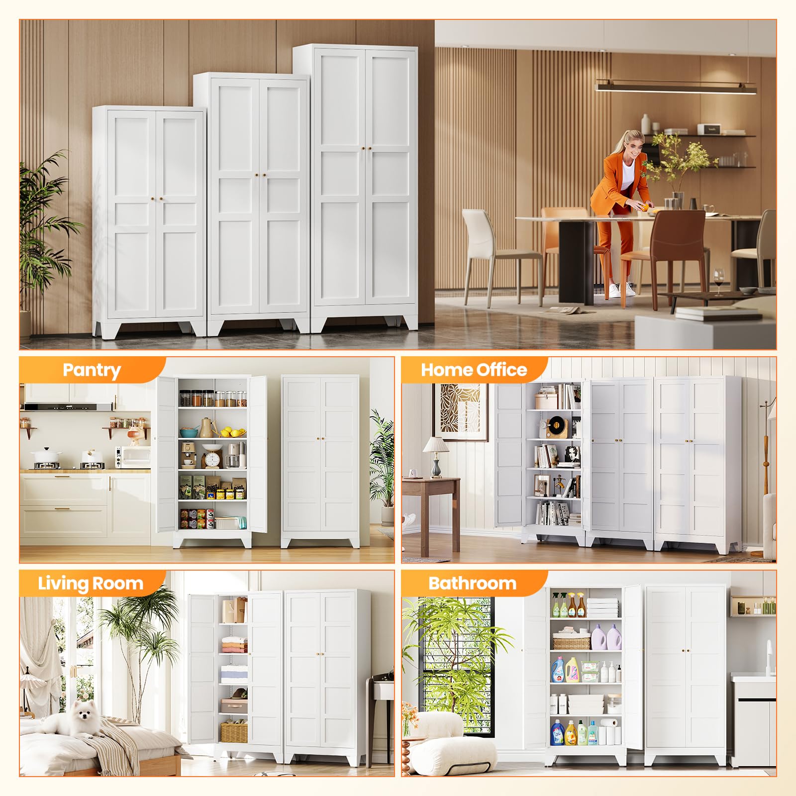 71" Tall Kitchen Cabinet Storage Unit With 2 Doors and 4 Adjustable Shelves, Metal White Freestanding Cupboard, 5 Tier Kitchen Pantry Storage Cabinet for Kitchen Dining/Living Room/Garage/Home/Office