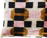 CANVELLO Handmade Pink & Brown Geometric Silk Velvet Throw Pillow – 16x24 Inch, Naturally Dyed, Down Feather Insert, Luxury Decorative Cushion for Sofa & Bed