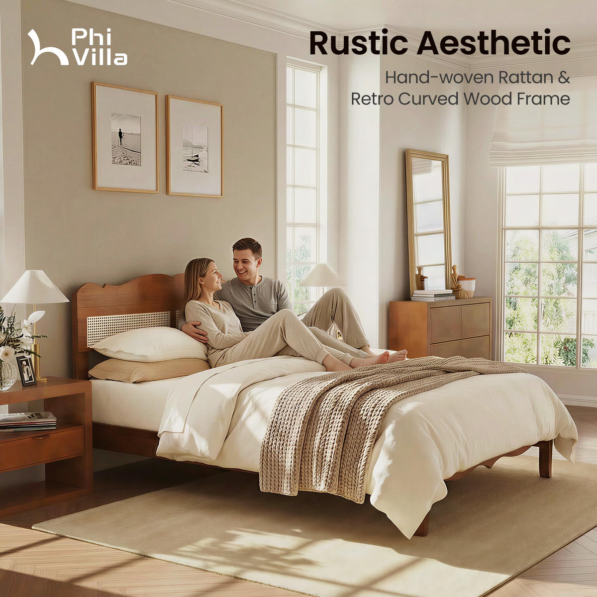 PHI VILLA Solid Wood Queen Bed Frame with Adjustable Headboard