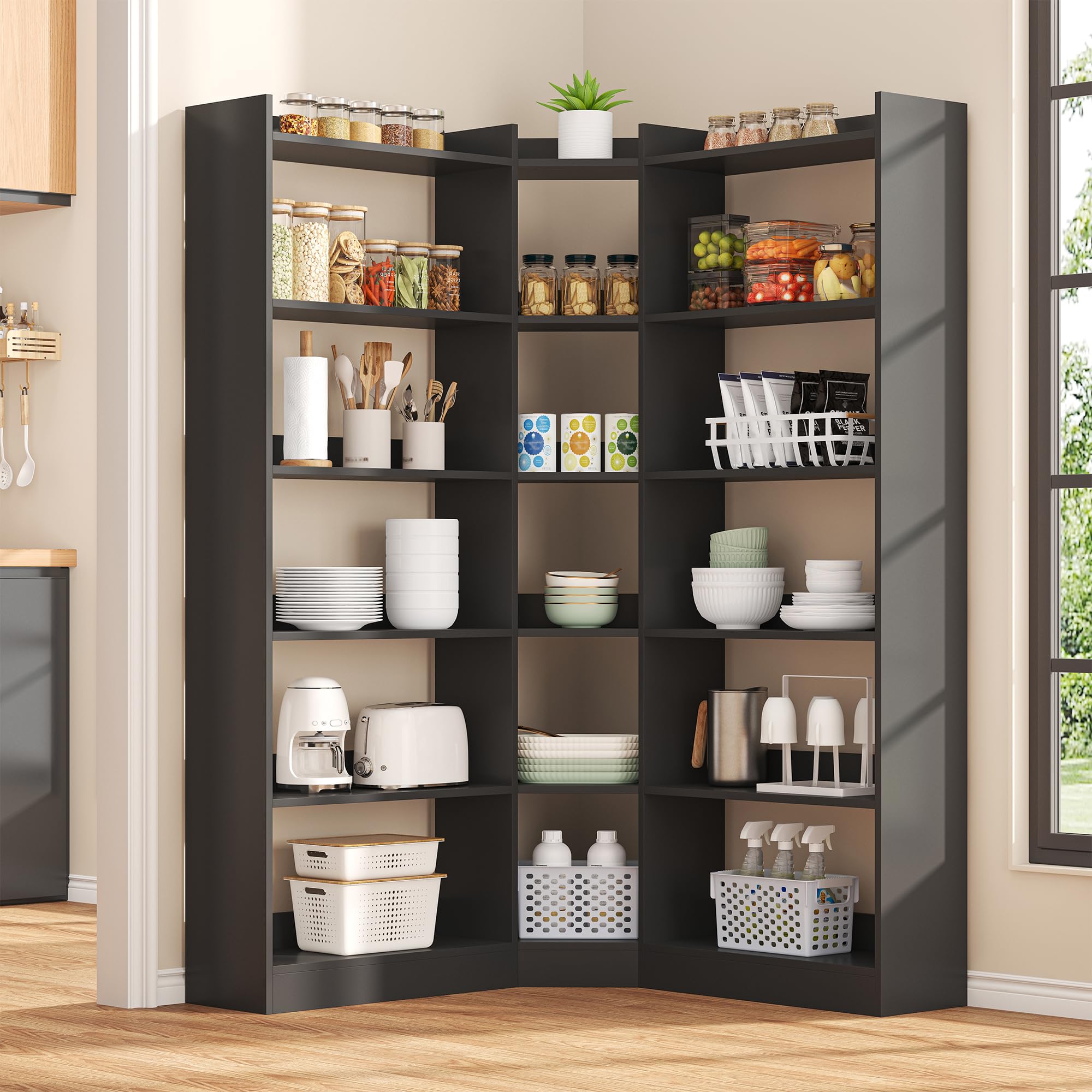 7-Tier L-Shaped Corner Bookshelf with Anti-Fall Baffles – 63.1" Tall