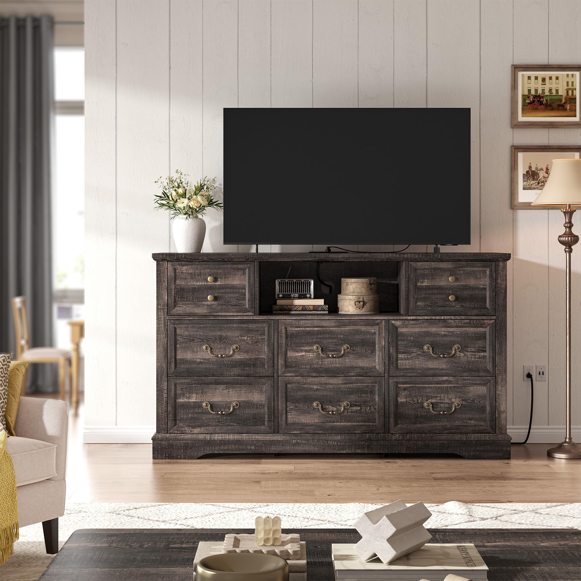 EnHomee 8 Drawers Dresser with Power Outlets and LED Lights,55" W Rustic Wooden Dressers & Chests of Drawers for Bedroom, Hallway, Rustic Oak, 55" W x 34.5" H x 15.7" D