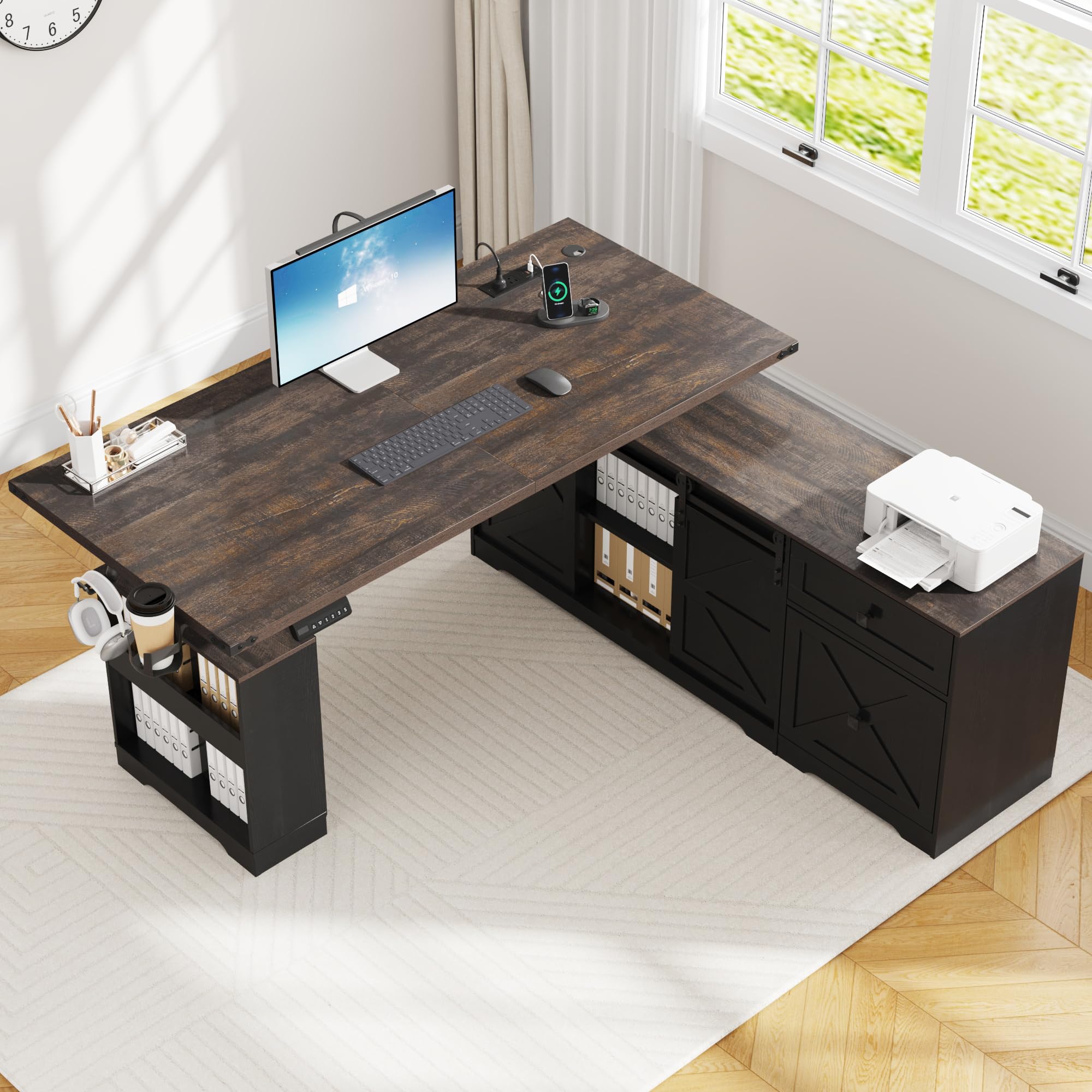 St.Mandyu 63" Farmhouse L Shaped Electric Standing Desk with Sliding Door Storage, Height Adjustable Sit Stand Corner Computer Desk with Power Outlets, Drawers & Cup Holder for Home Office, Black