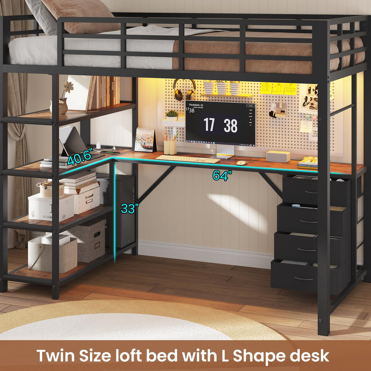Metal Loft Bed with Desk & Storage