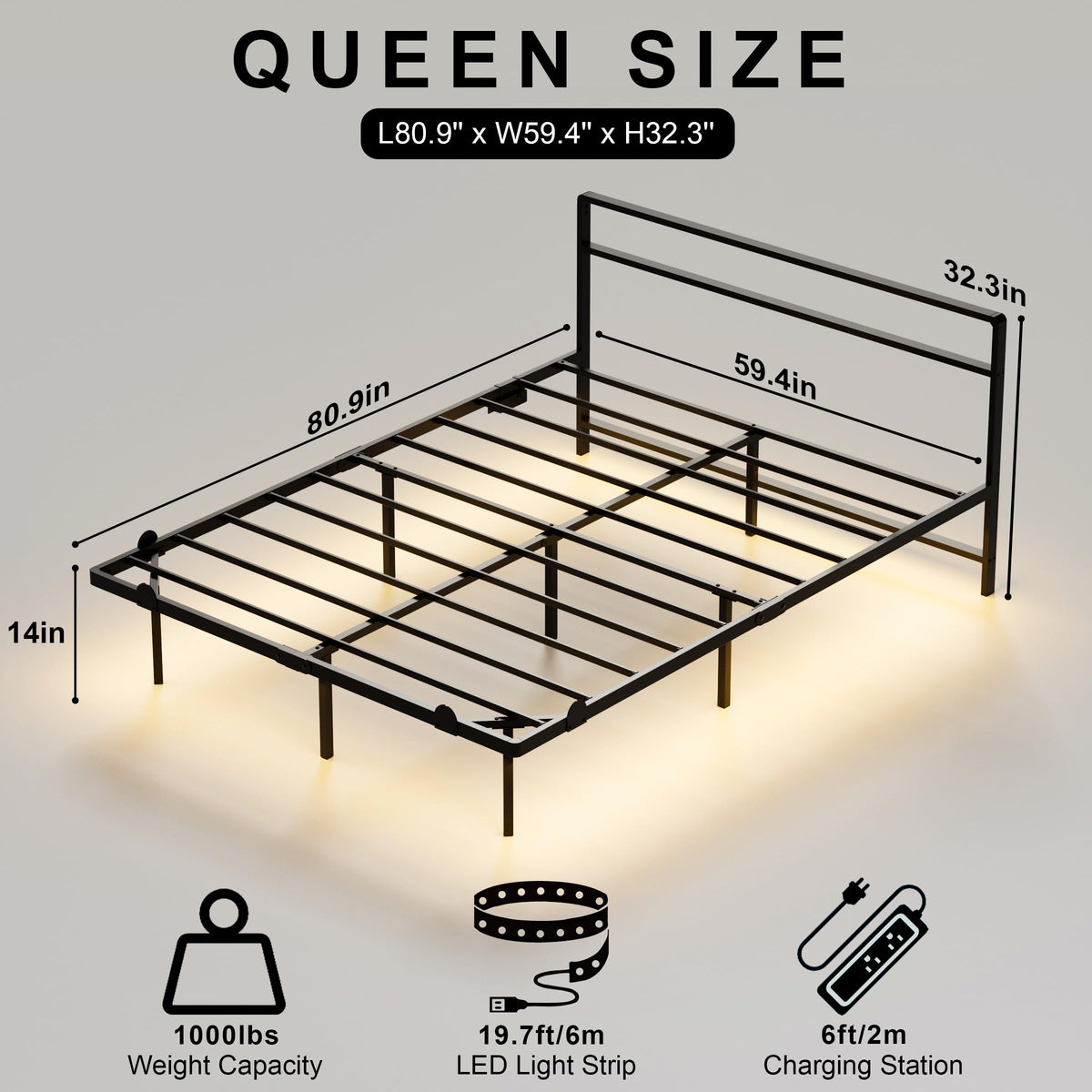 AGXI Queen Bed Frame with Headboard, 14 Inch Floating Bed with Smart LED Lights and USB Charging Station, Easy Assembly, No Box Spring Needed