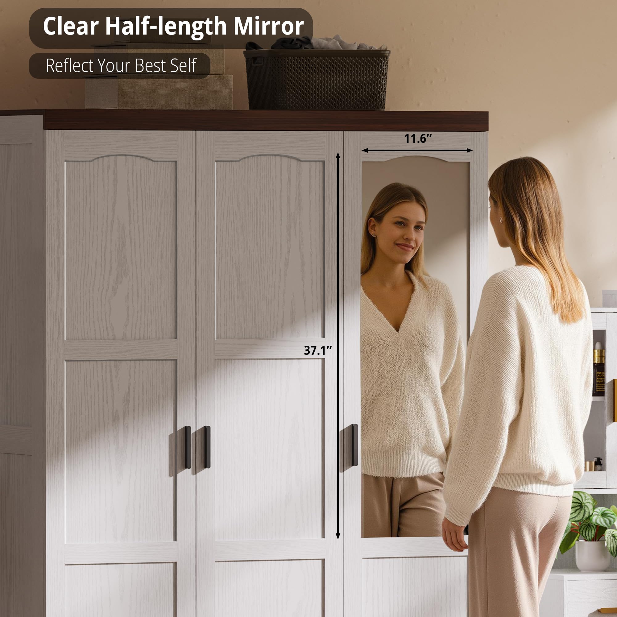 ANCTOR 3 Door Armoire Wardrobe Closet with Mirror, Large Wardrobe Closet with Doors, White Armoire for Bedroom with Hanging Rods & Shelves for Long Clothing, Short Clothing and Stacking, Modern