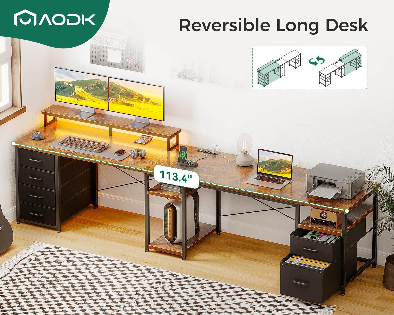L-Shaped & Long Computer Desk with File Cabinet, LED Lights & Power Outlet