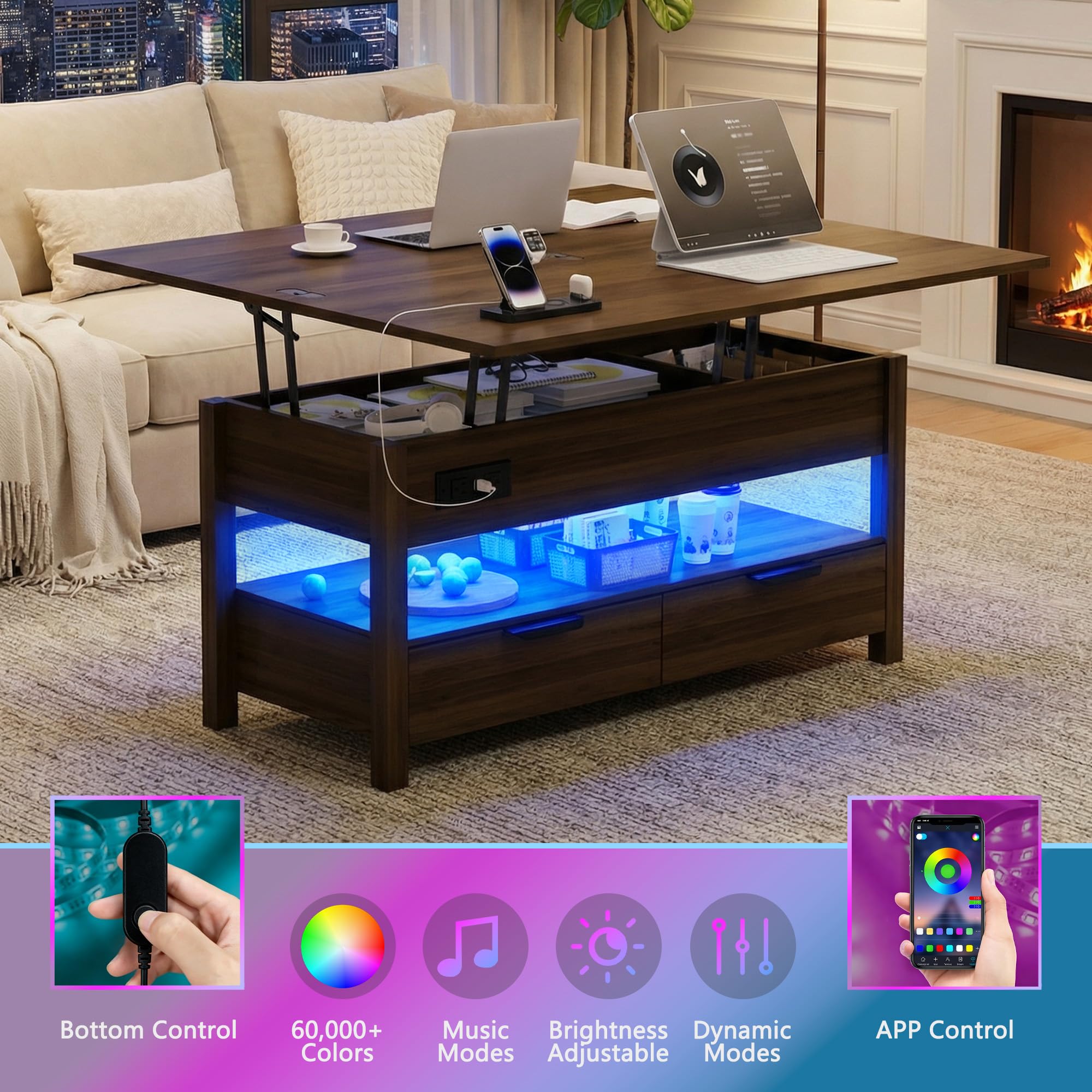 Cakhdry 40" Lift Top Coffee Table, Smart Coffee Tables with Power Outlets & LED Lights, Modern Center Table Converts to Dining Table with Lifting Top and Storage for Living Room, Walnut