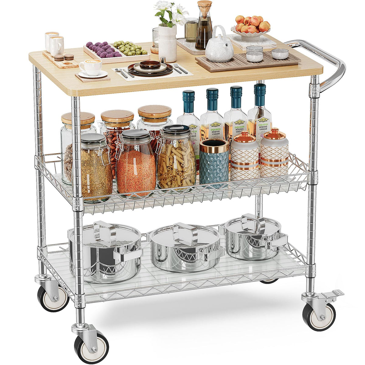 Rolling Kitchen Carts with Wheels, 3-Tier Utility Cart with Wood Tabletop