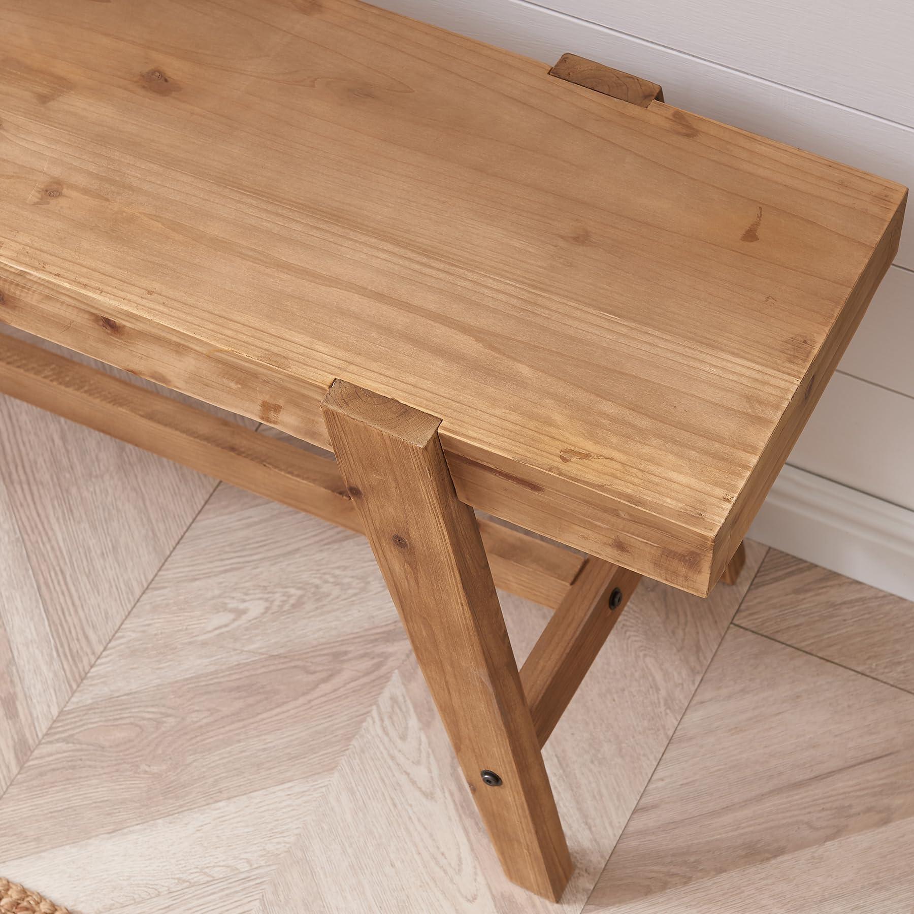 HOKYHOKY Farmhouse Solid Wood Entryway Bench – 43.4 Inches Rustic Long Bench, Dining Bench with Angled Legs, Hand-Finished Natural Grain, for Foyer, Hallway, Bedroom