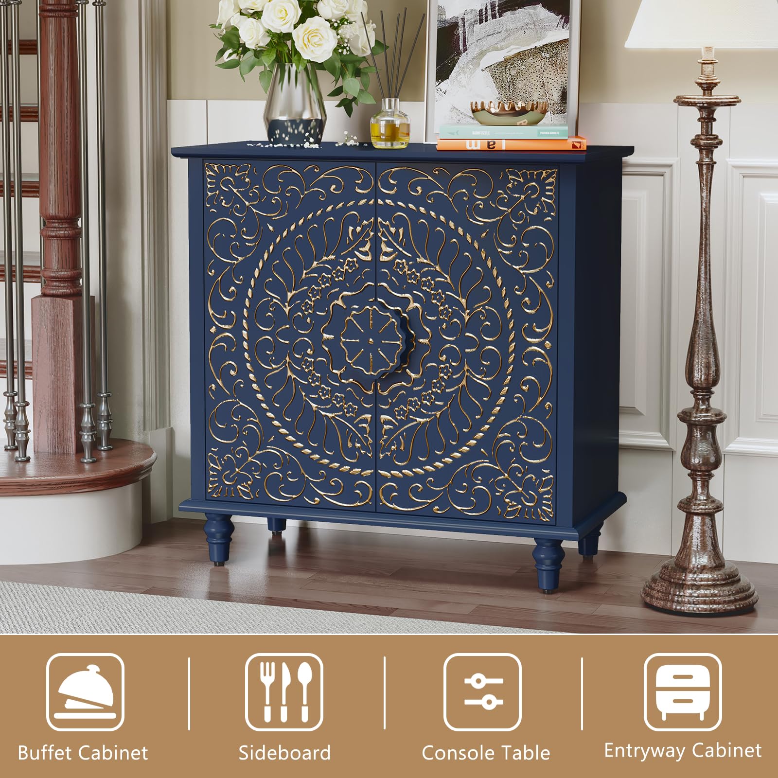 Accent Cabinet with Carved Flower Pattern Doors