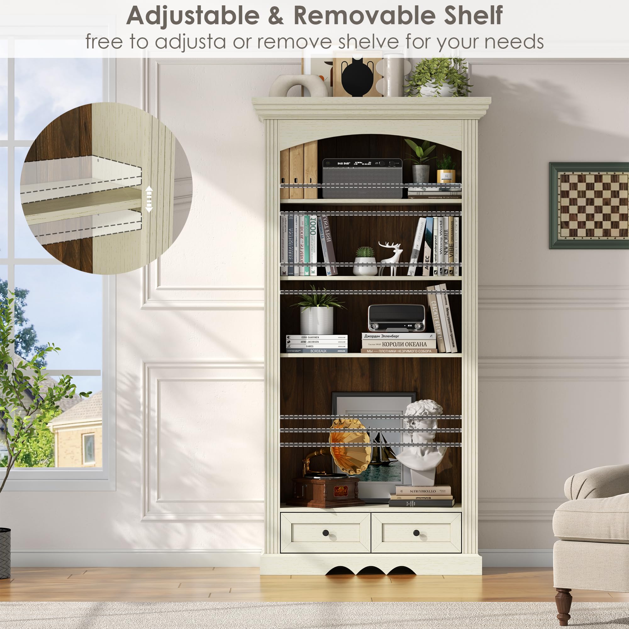 Gyfimoie 71’’ Tall Arched Bookcase with Stroage, Farmhouse 5-Tier Arch Bookshelf with Drawers, Freestanding Book Shelf with Adjustable Shelf and Roman Column Pattern for Home Office (1, White)