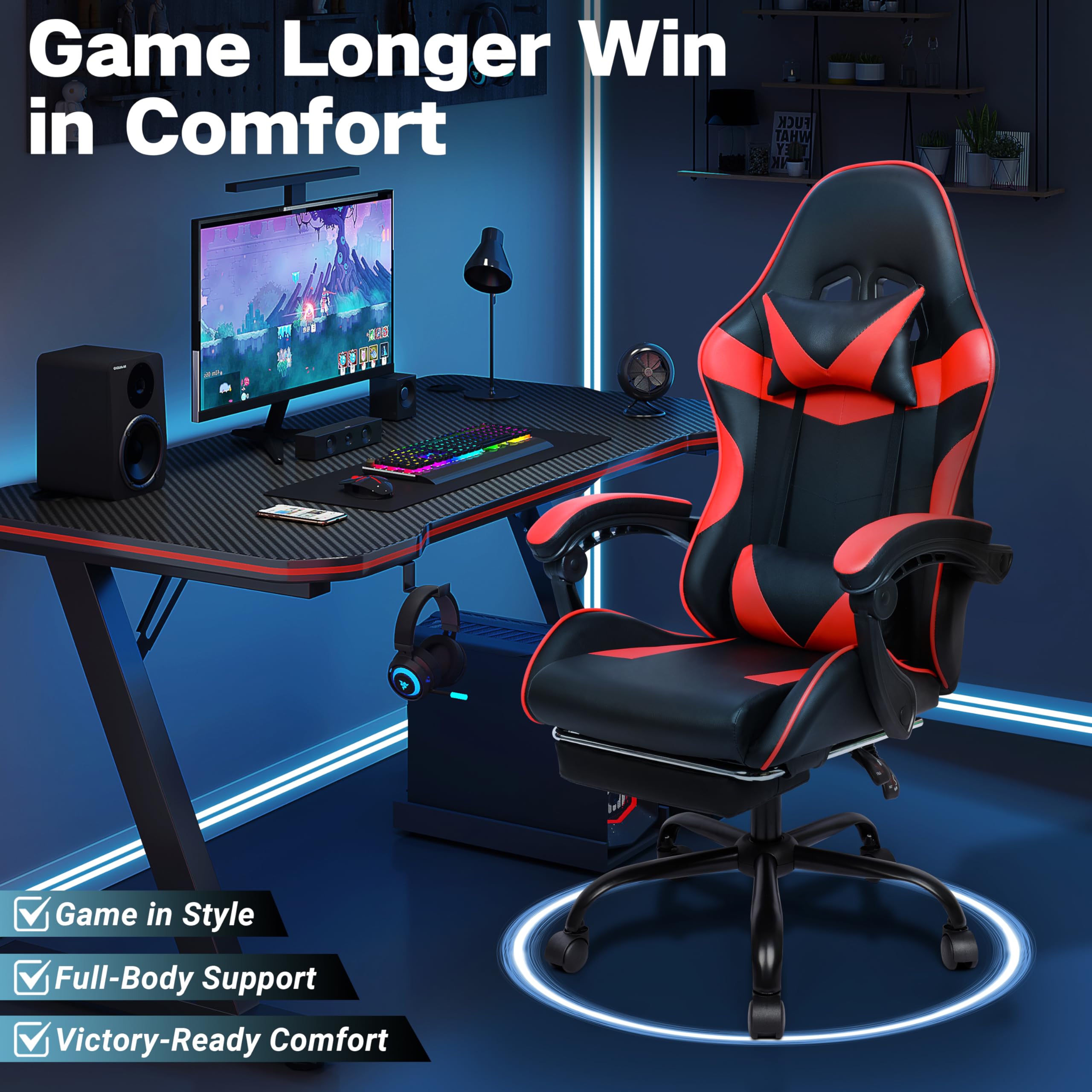 ZABINS Gaming Chair with Footrest and Lumbar Support, Height Adjustable Chair with 360°Office Desk Chair,Heavy Duty 330lbs Computer Chair for Adults