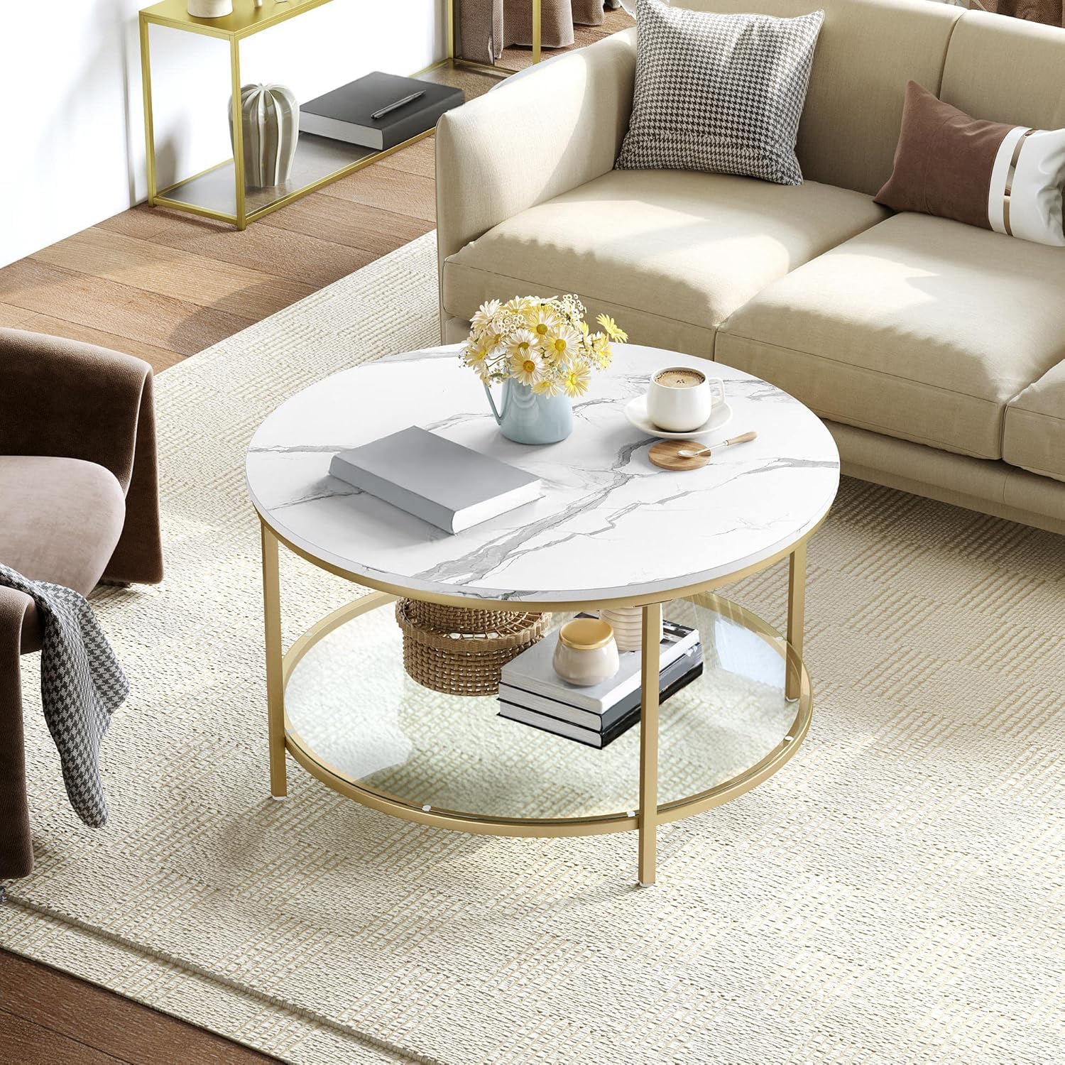 Round Marble Coffee Table with Glass Shelf