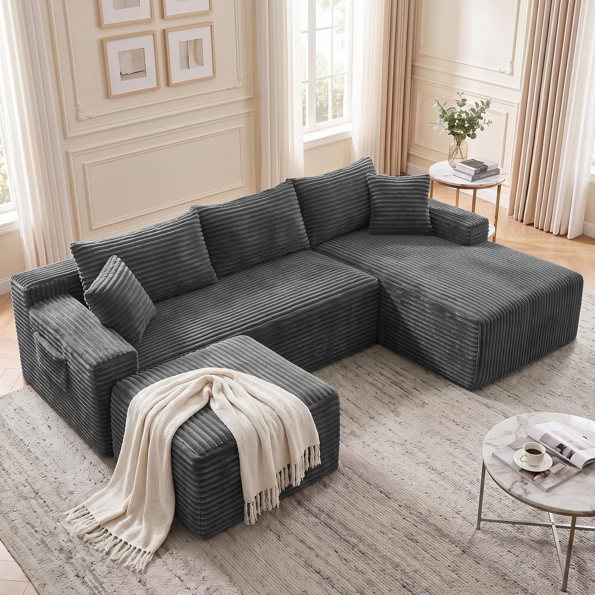 Garaneeds Boneless Couch, U-Shape Corduroy Sectional Sofa, Grey