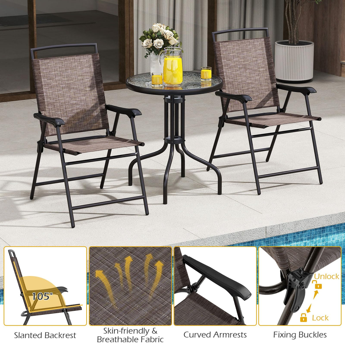 Goplus Bistro Table and Chairs Set of 2, Outdoor 3 Piece Patio Bistro Set with 1.57” Umbrella Hole, Tempered Glass Tabletop, 2 Folding Chairs, Small Patio Furniture Dining Set for Garden, Balcony