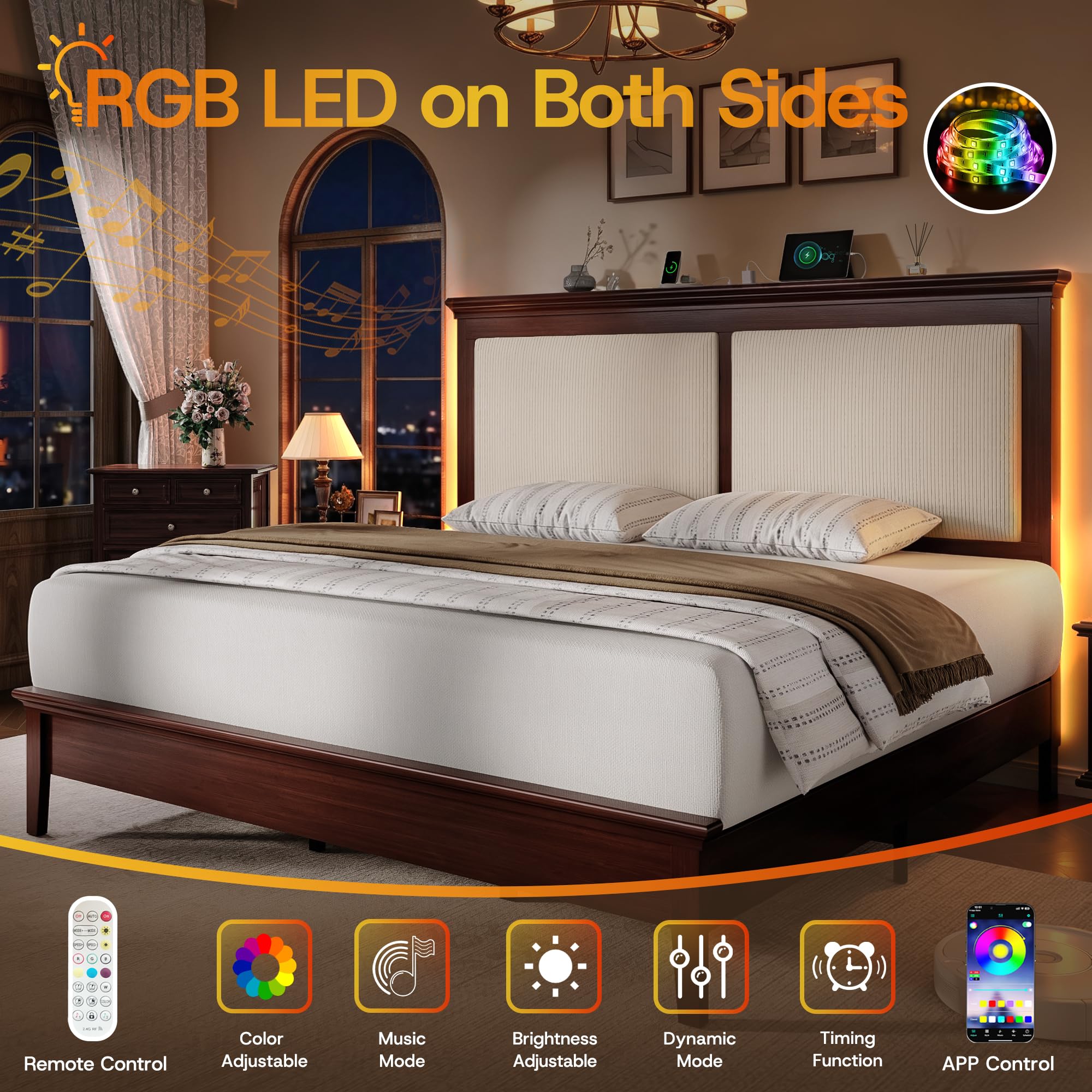 Lifezone Queen Bed Frame with Headboard, Solid Wood Bed Frame Queen Size with Charging Station & RGB LED, Wood Slats Support, Noise-Free, Sturdy Structure, Easy Assembly, Mahogany