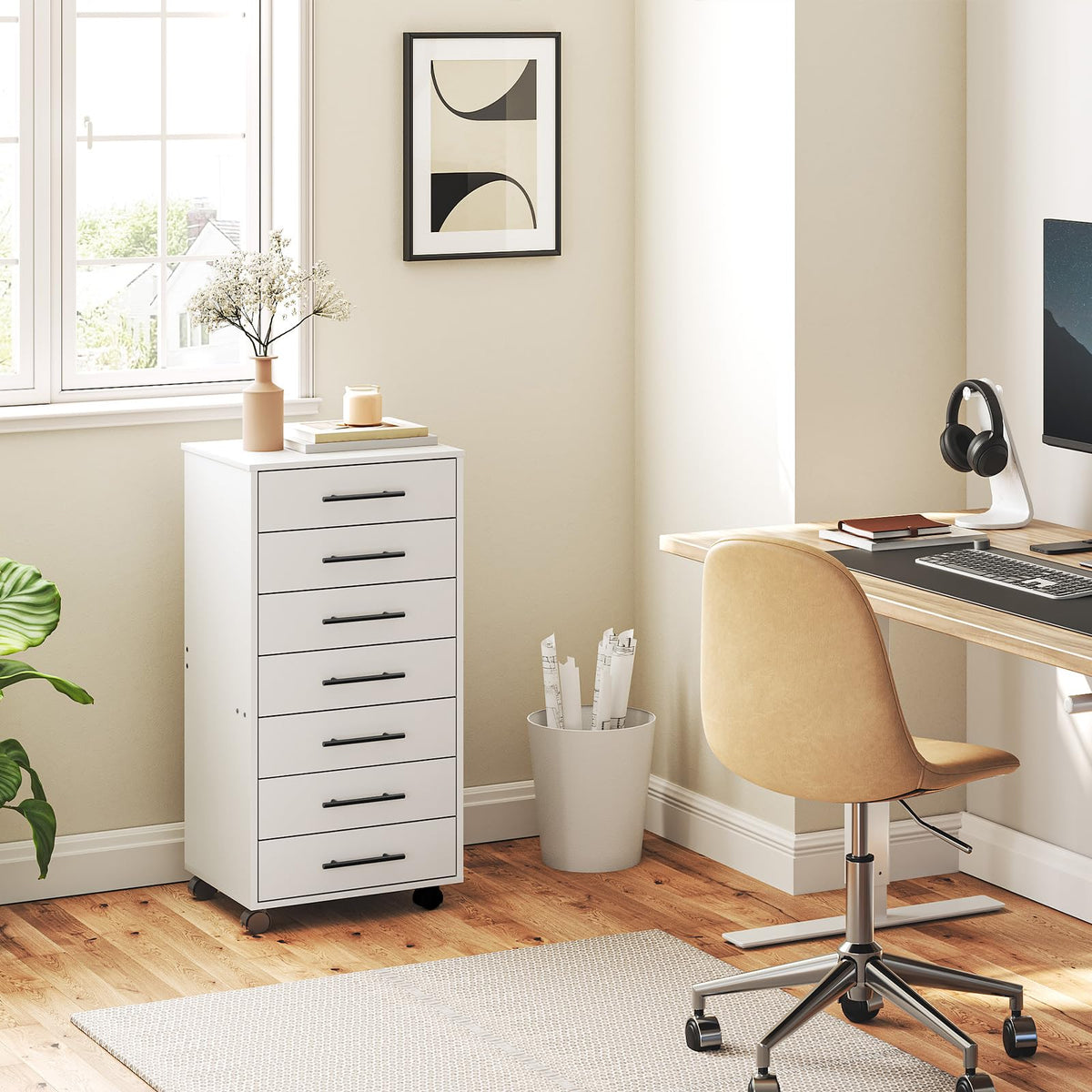 HOOBRO 7-Drawer File Cabinet, Wooden Office Cabinet with Drawers, Mobile Storage Filing Drawer for Home Office, Study, Easy Assembly, White WT07WJ01