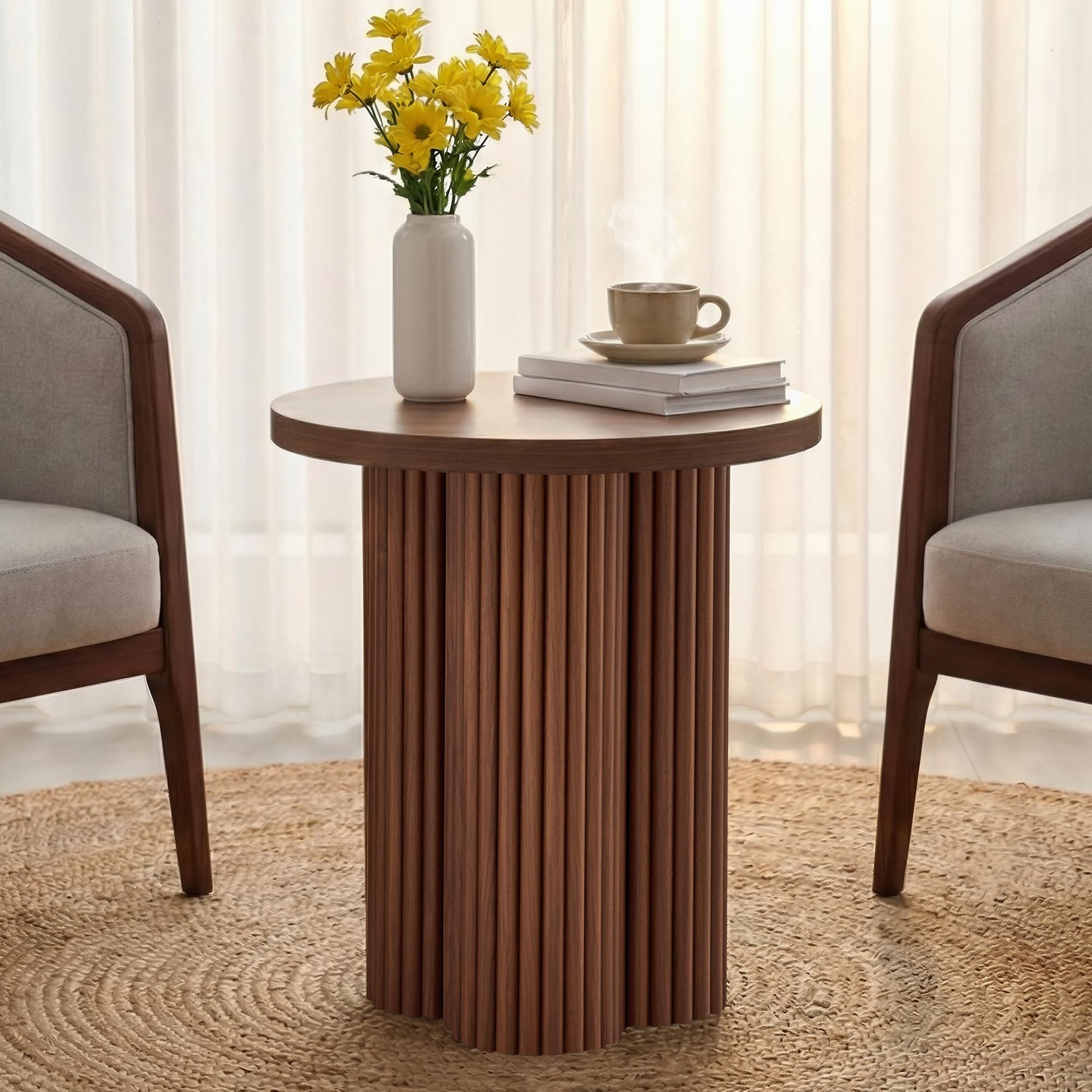 MAHYIZYI Small Sofa Side Table Set of 2, Fluted Accent Pedestal End Table, Wood Round Night Stand, Farmhouse Bed Side Table Drink Tables for Living Room, Small Spaces (Walnut-2PCS)