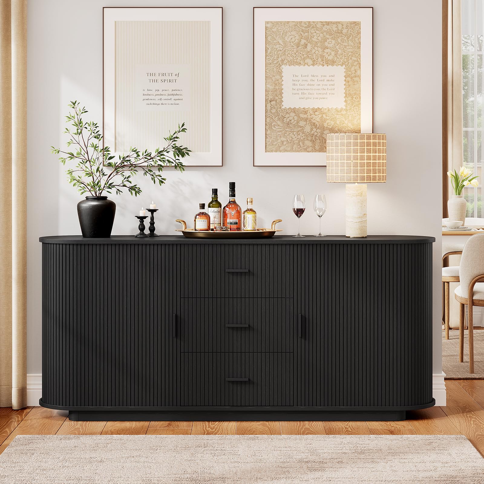 ONBRILL 63" Fluted Sideboard Buffet Cabinet with 3 Drawers & 2 Doors, Mid-Century Modern Buffet Sideboard Cabinet with Storage, Coffee Bar Table with Adjustable Shelf for Kitchen, Living Room, Black
