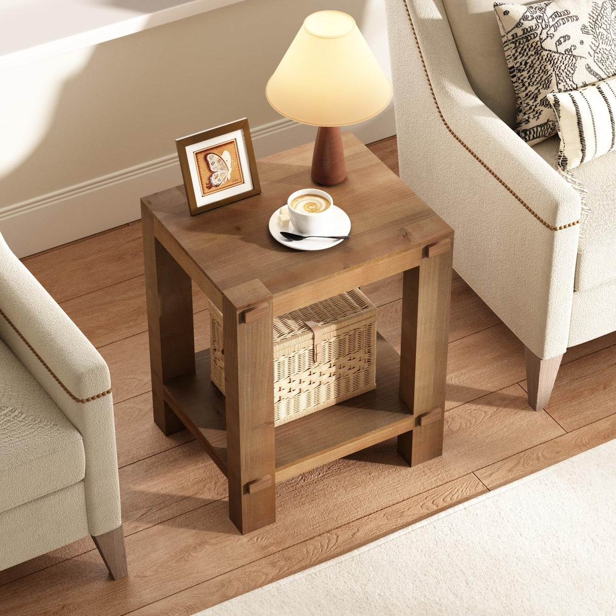 ZOVAZEN Wood End Table, 2-Tier Side Table with Storage Shelf