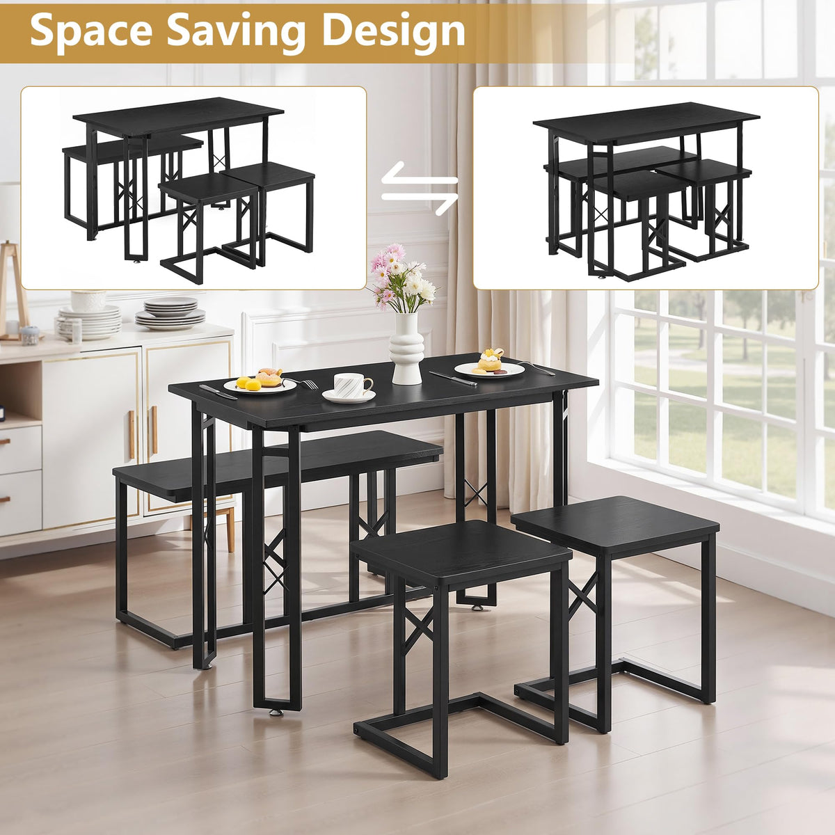 VECELO 43.3" Dining Table Set for 4, Space-Saving Kitchen Table with 1 Bench and 2 Stools, Tuck-Away Seating, Rustic Farmhouse Style, Adjustable Foot Pads, Black