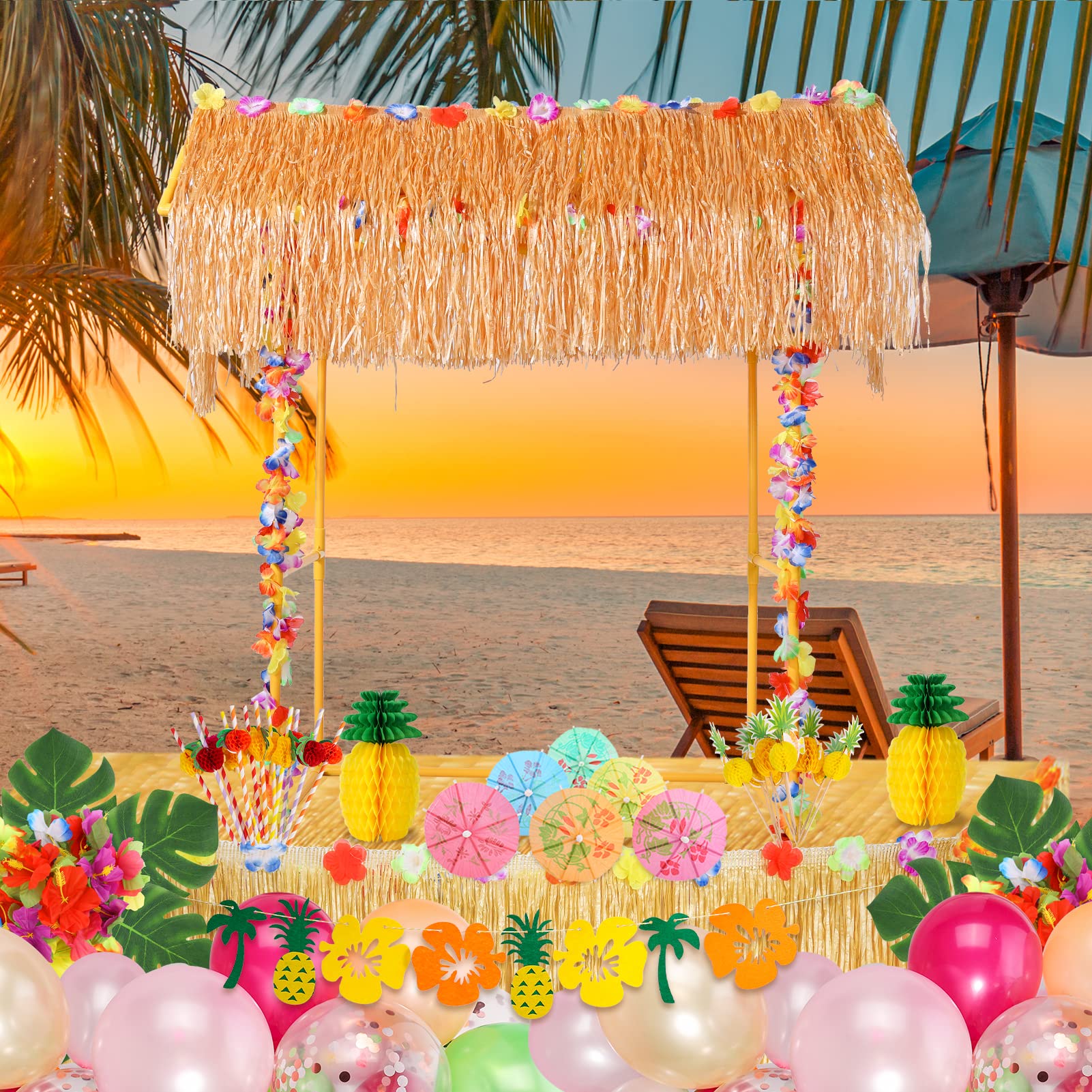 Auihiay Tiki Bar Hut, Tiki Bar Kit Includes Reusable Tiki Bar, Luau Party Flower Garland and Table Skirt for Summer Party, Luau Party Decorations