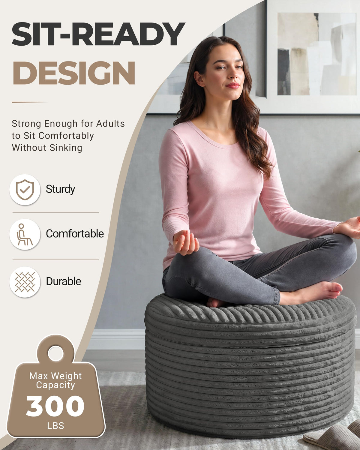 Fabulcozy 23.6in Round Pouf Ottoman, Corduroy Footstool Foot Rest Seating