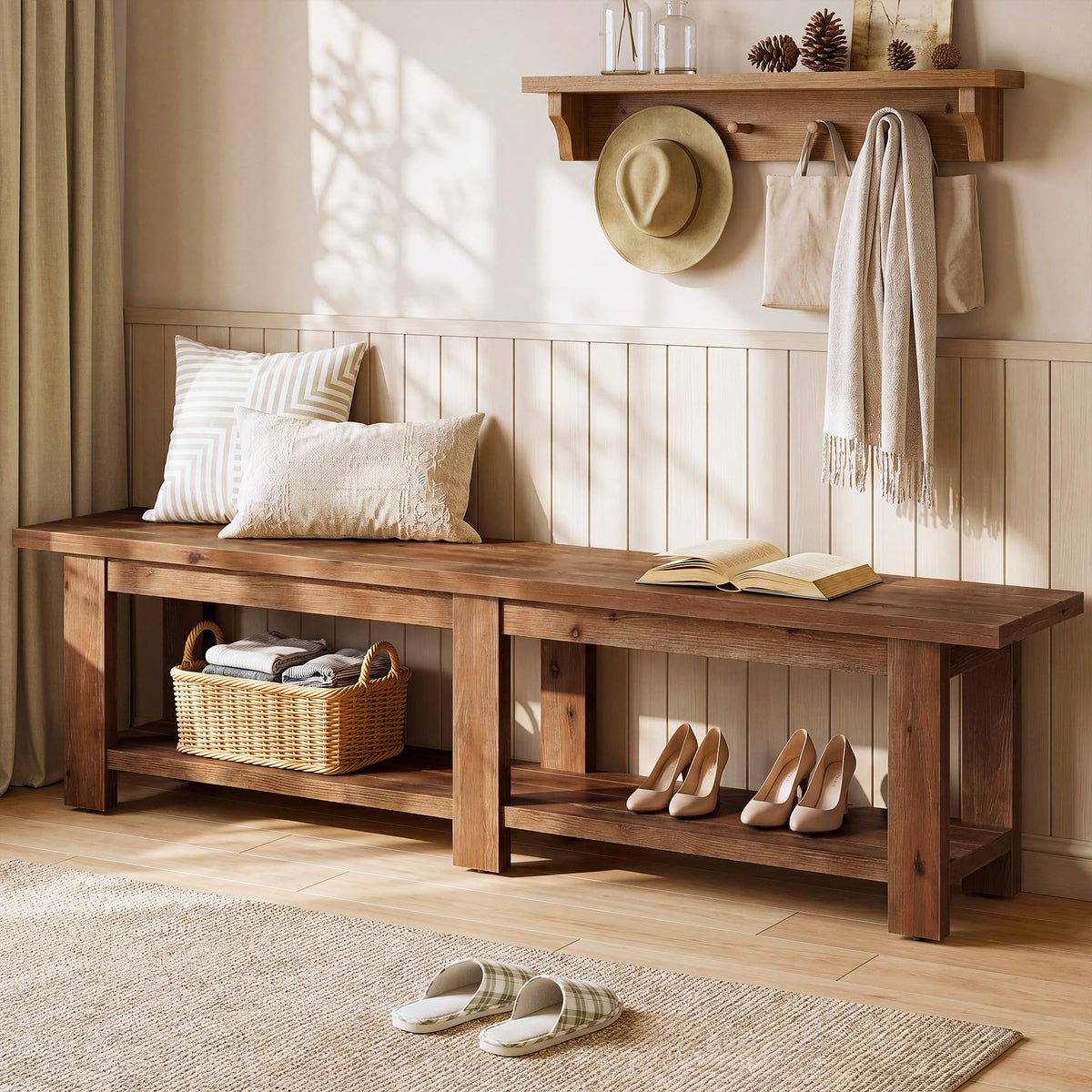 TRIBEWOOD 70.9" Solid Wood Entryway Shoe Bench, Extra Long Wooden Bench